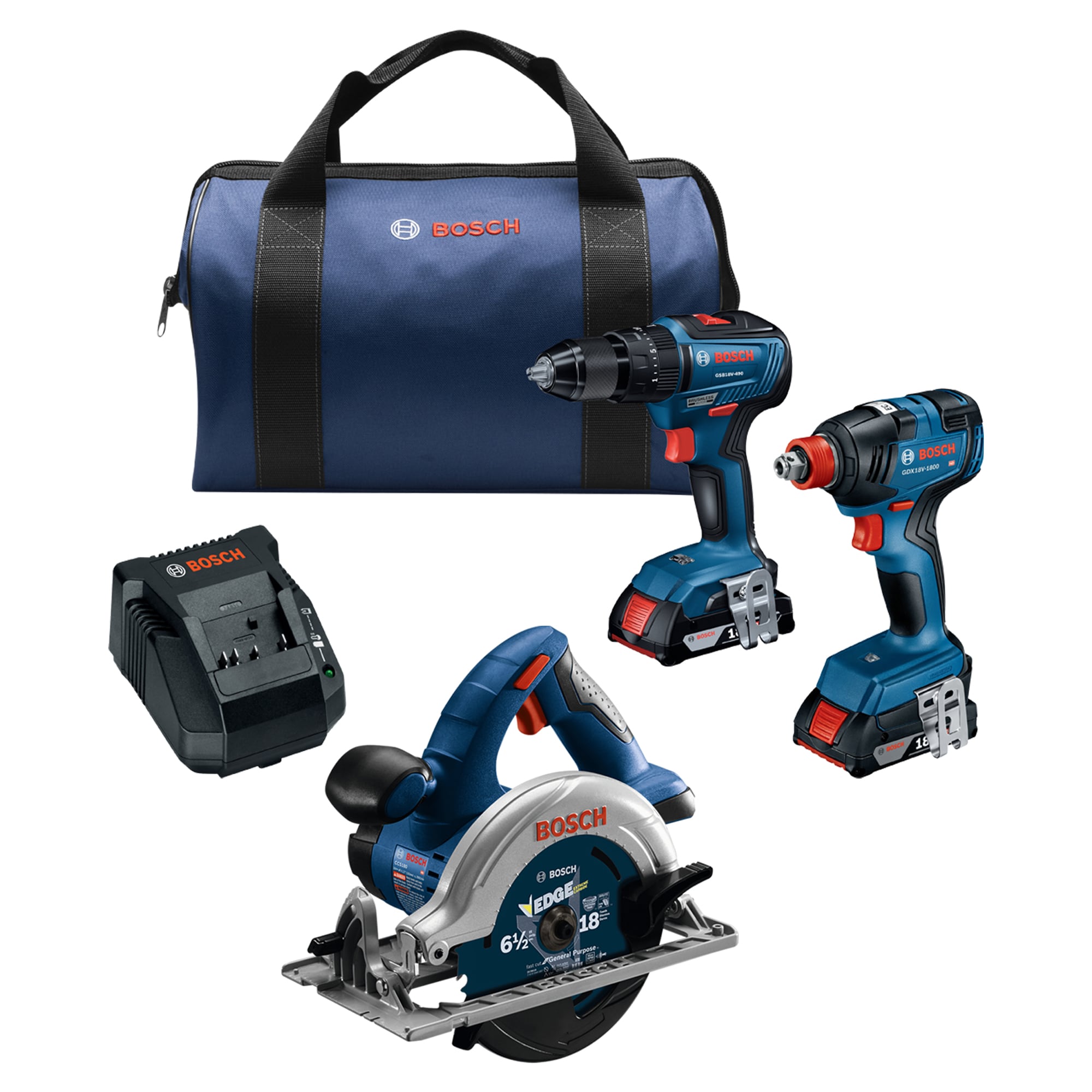 Bosch 18V 3-Tool Kit w/ Hammer Drill/2-in1 Impact Driver/ Circular Saw with  2x2.0ah Batteries, Charger and Bag