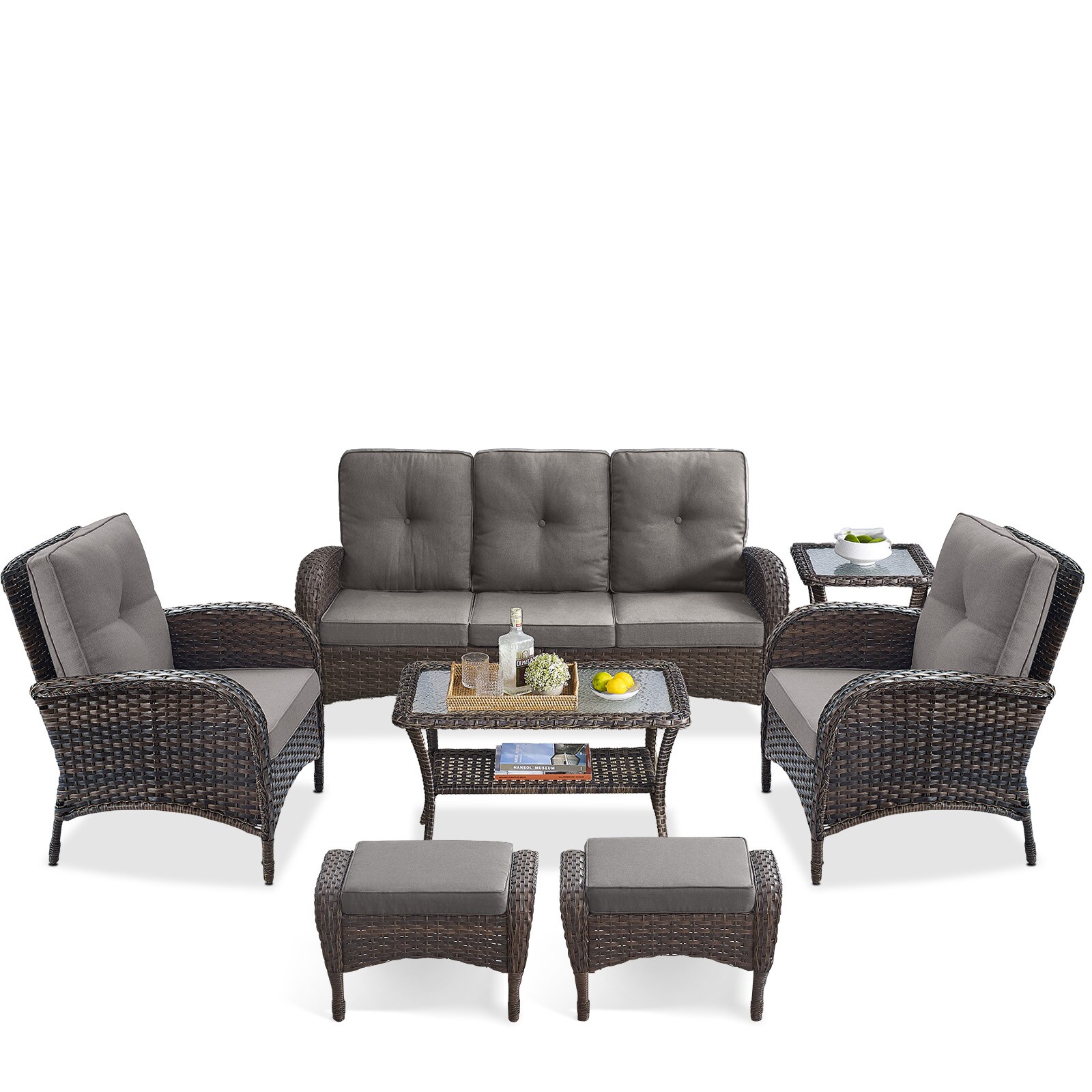 Rilyson FS114116R50087R60-3 7 -Piece Wicker Patio Sofa Conversation Set with Gray Cushions