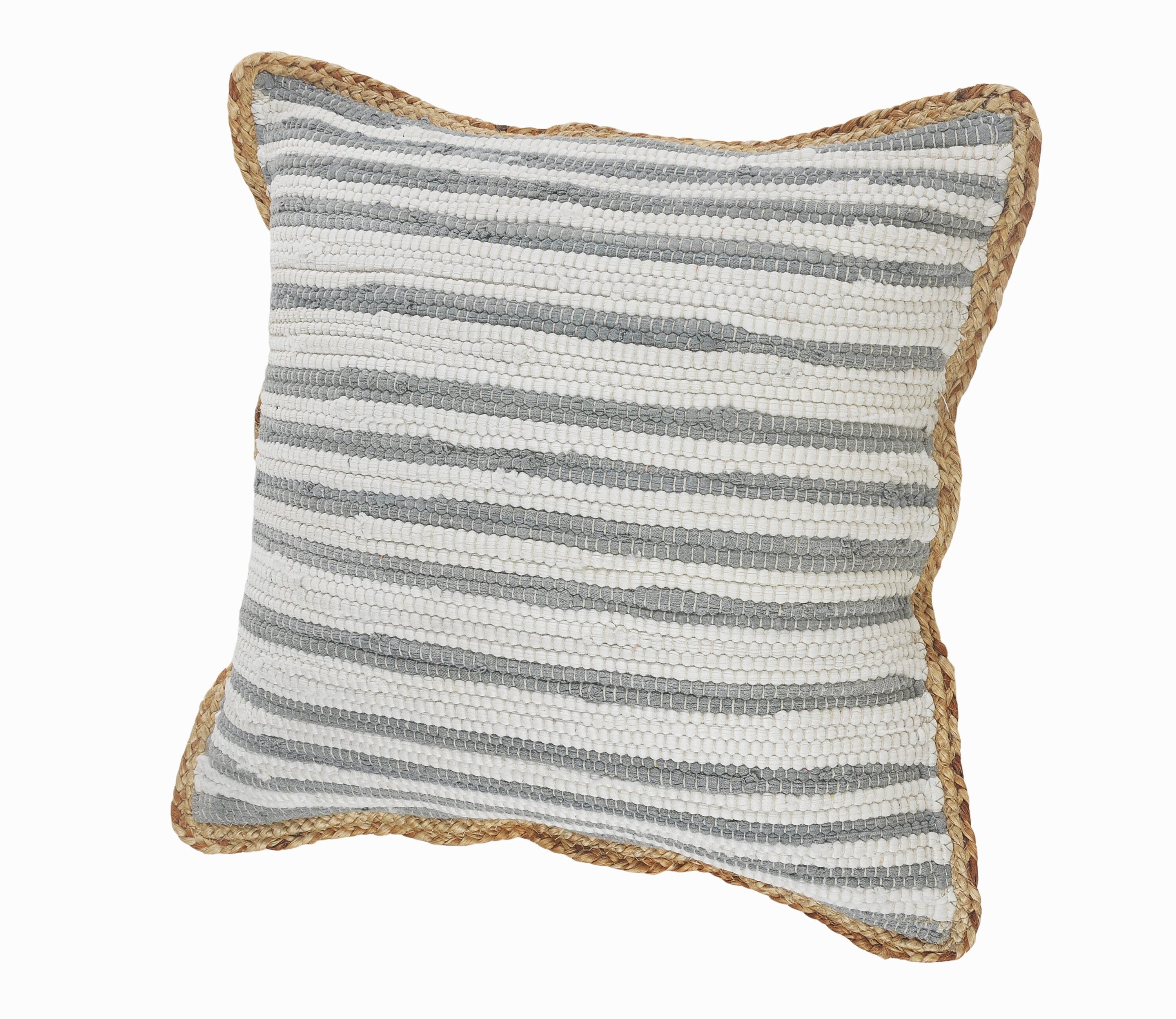 Gray and White Striped Cotton Throw Pillows with Braided Border, Set of 2