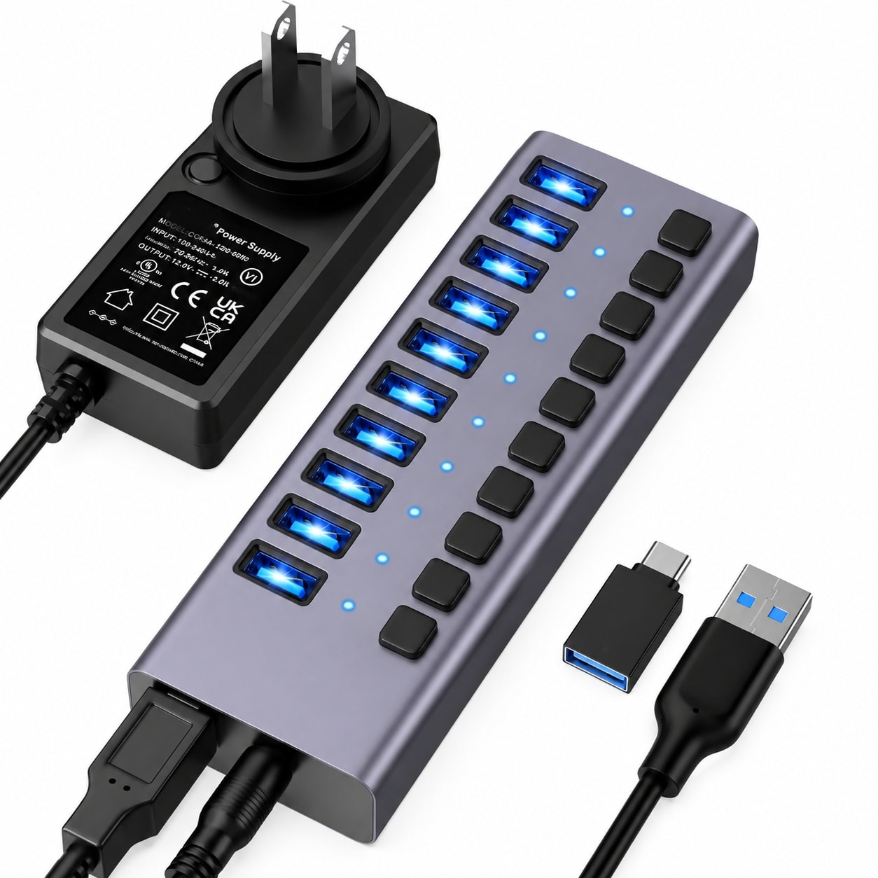 Vrbgify  Powered USB 3.2 Hub with 10 Ports and 10Gbps Data Speed Aluminum Housing and 48W Power Adapter for PC Laptop Printer Camera