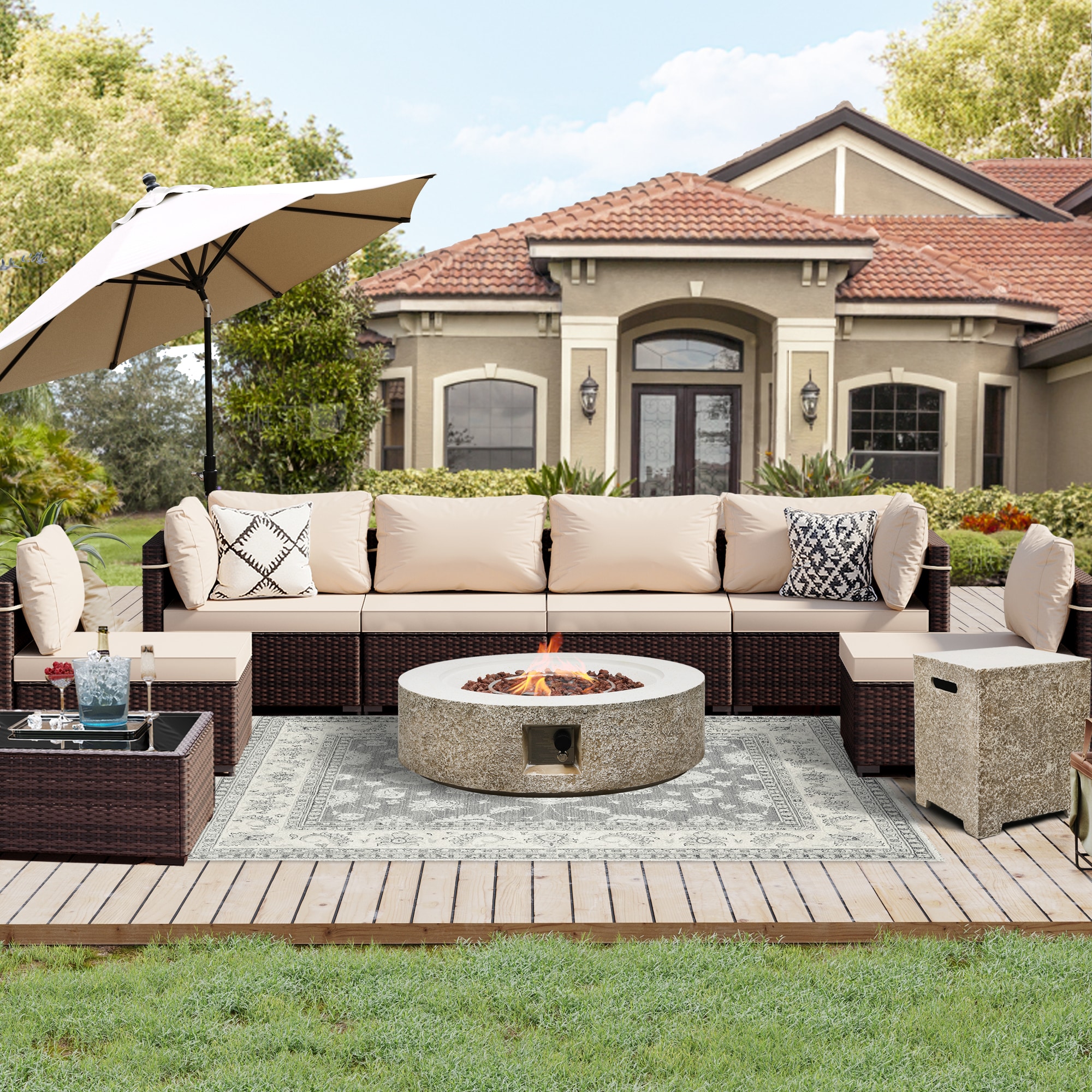 UPHA PL-2CZ-42QBE-Z1-T 8-Pieces Brown Wicker Patio Furniture Set With 42 in. Beige Gas Propane Concrete Fire Pit Table, Conversation Set with Beige Cushions 8 -Piece Wicker 4 Patio Sofa Conversation Set with Beige Cushions