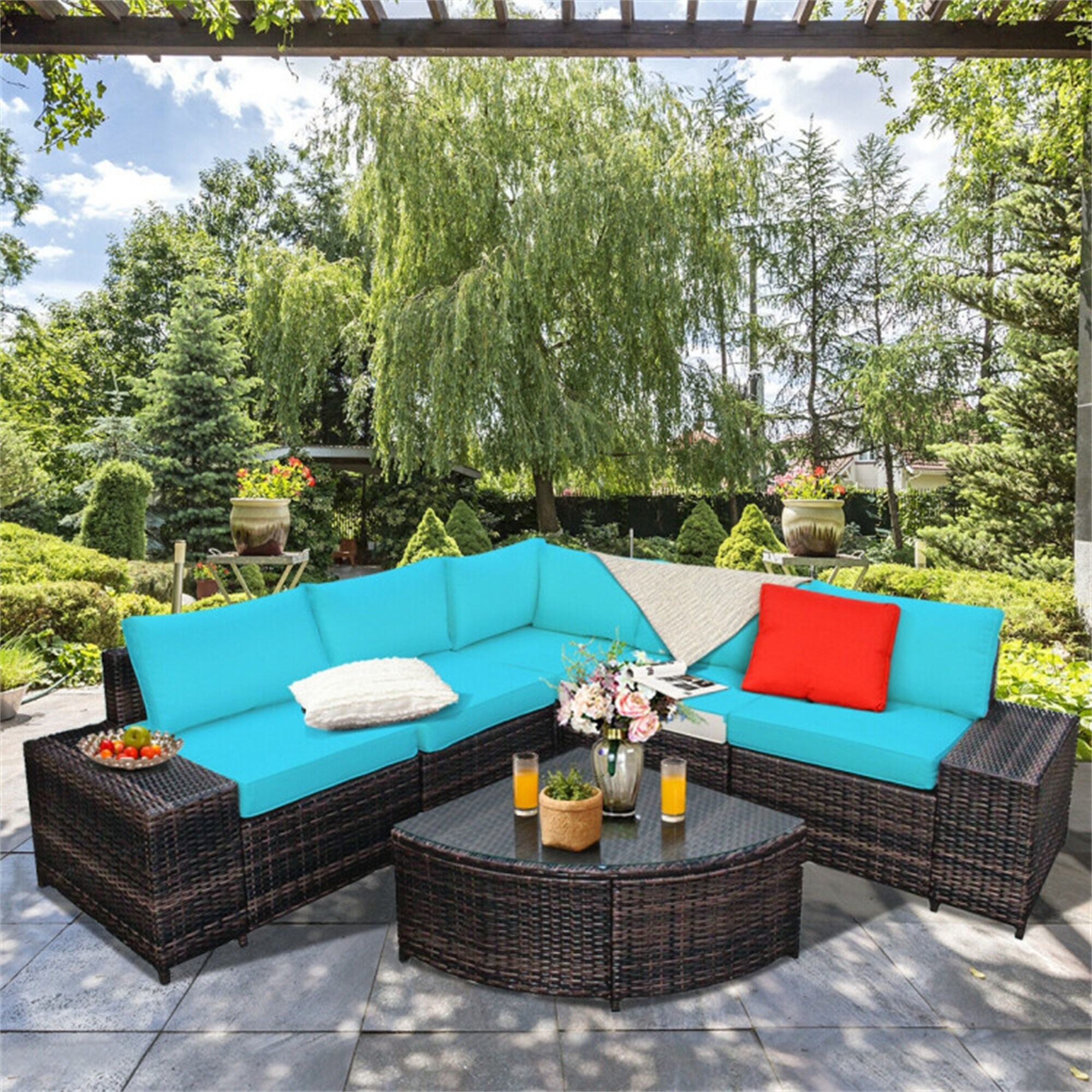 BABOOM 6-Piece Wicker Patio Conversation Set With Blue Polyester Fabric ...