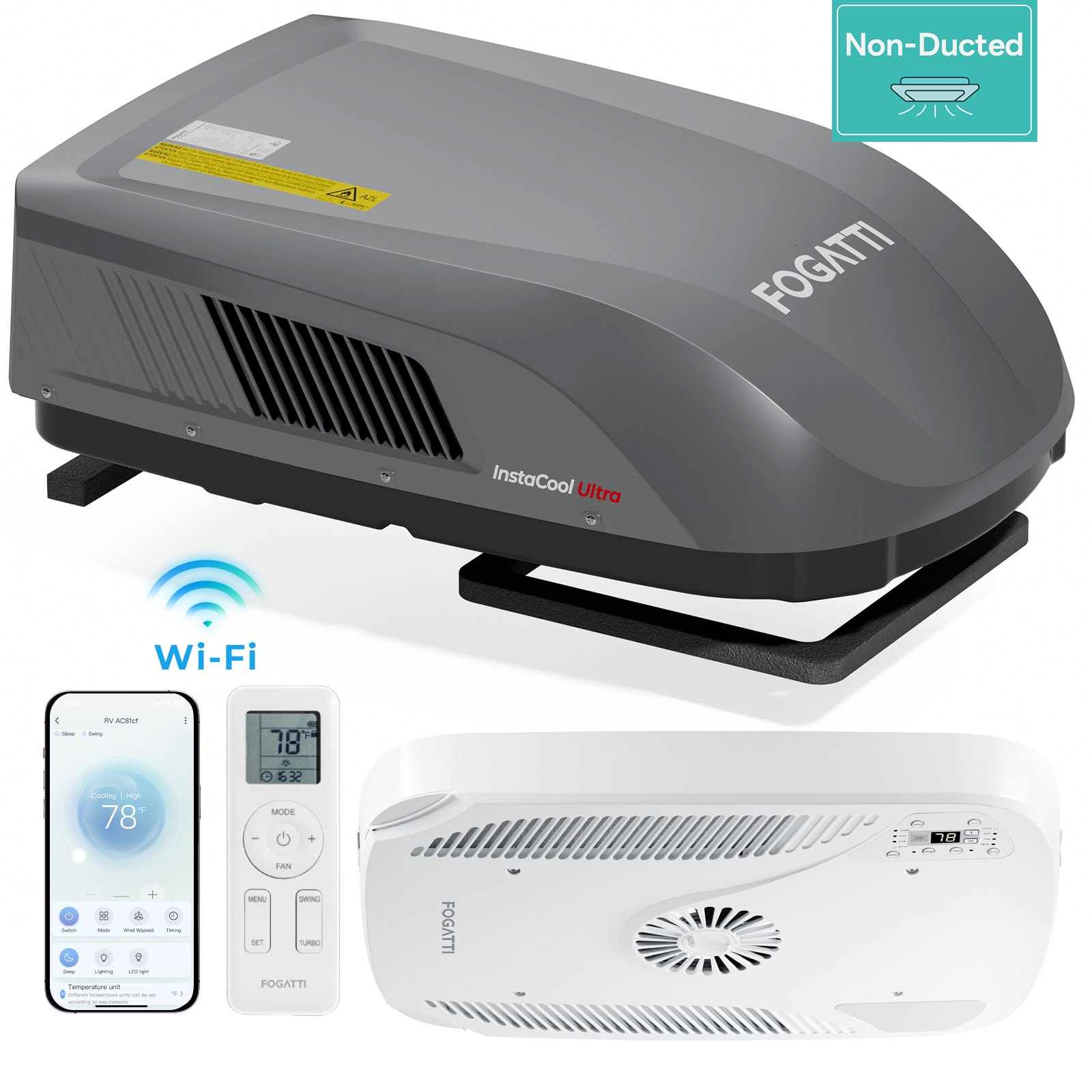 Fogatti RV AC 16K BTU Cooling with Heat Pump, Non-Ducted RV AC with WiFi and Remote Control, Air Distribution Box, Quiet AC, 2-Year Warranty Air conditioner