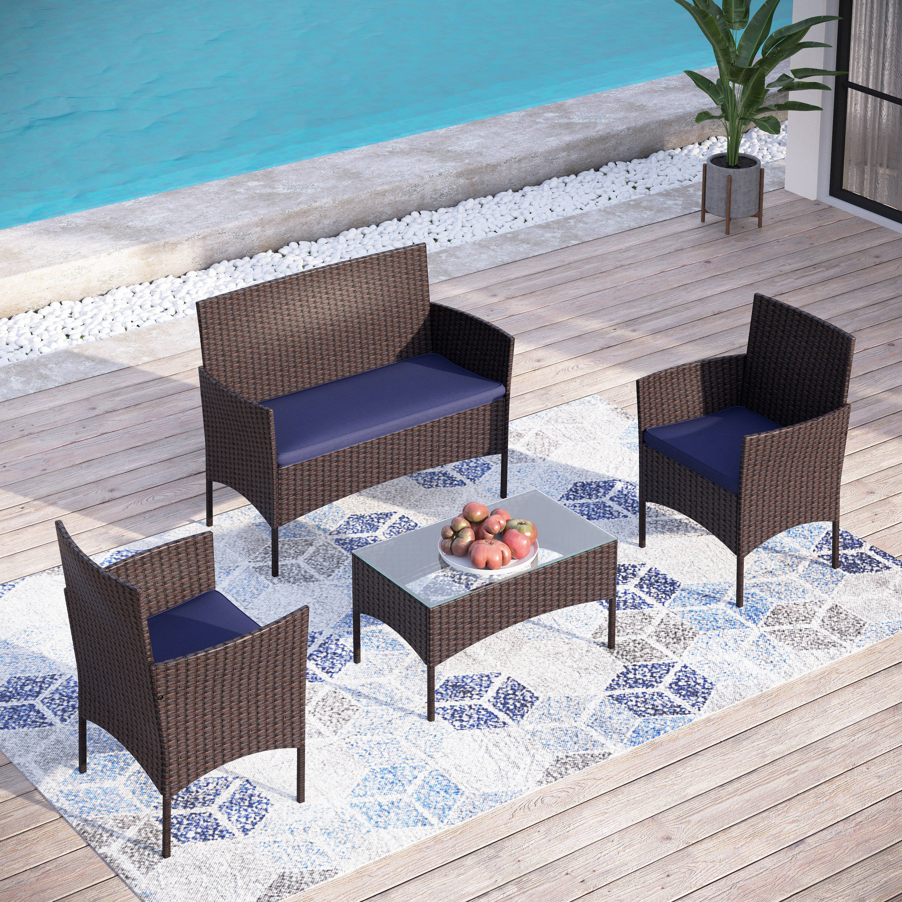 Sunshine Valley PV-461 4 -Piece Rattan Patio Conversation Set with Blue CUSHION PRO Cushions