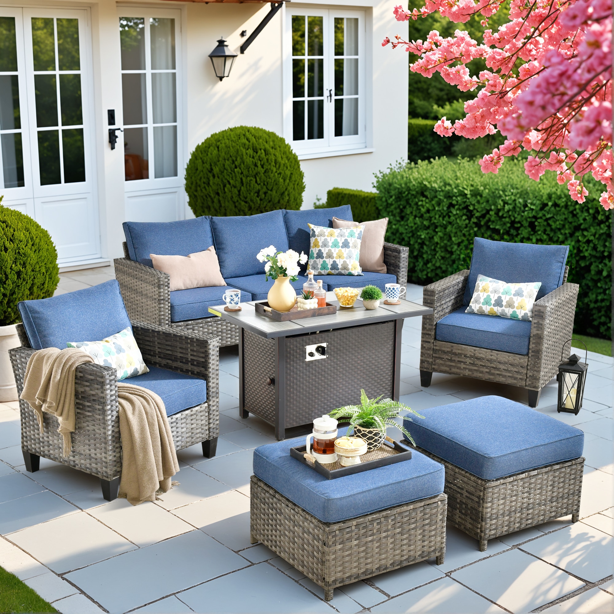 Caodoc L5-CFP03-GRS306 Golden Stars Rattan Outdoor Sectional with Blue Cushions and Rattan Frame