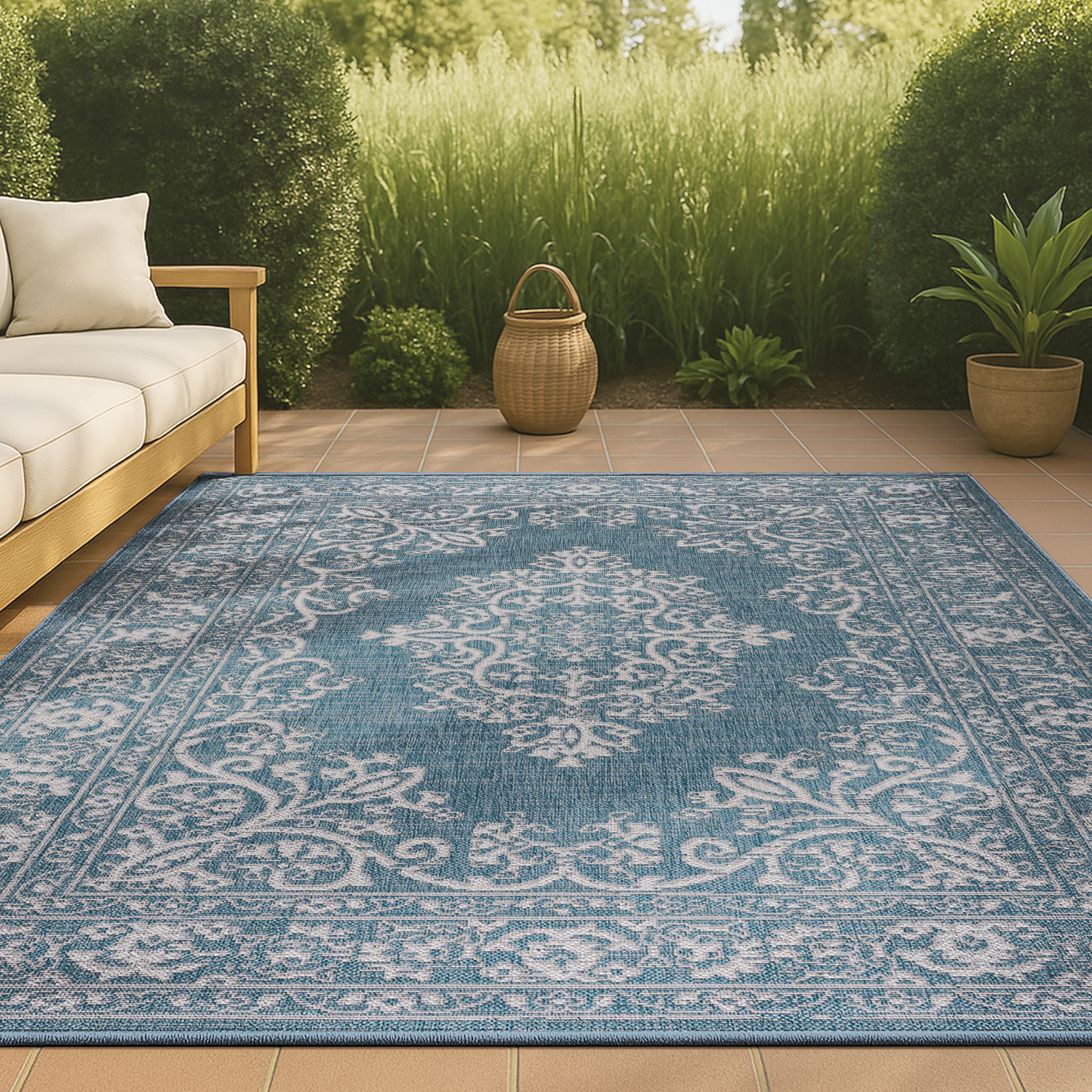 JONATHAN  Y SMB120B-5 Santa Monica Galon Filigree 5 x 8 (ft) Loomed Polypropylene Teal/Ivory Rectangular Indoor/Outdoor Medallion Coastal Area rug
