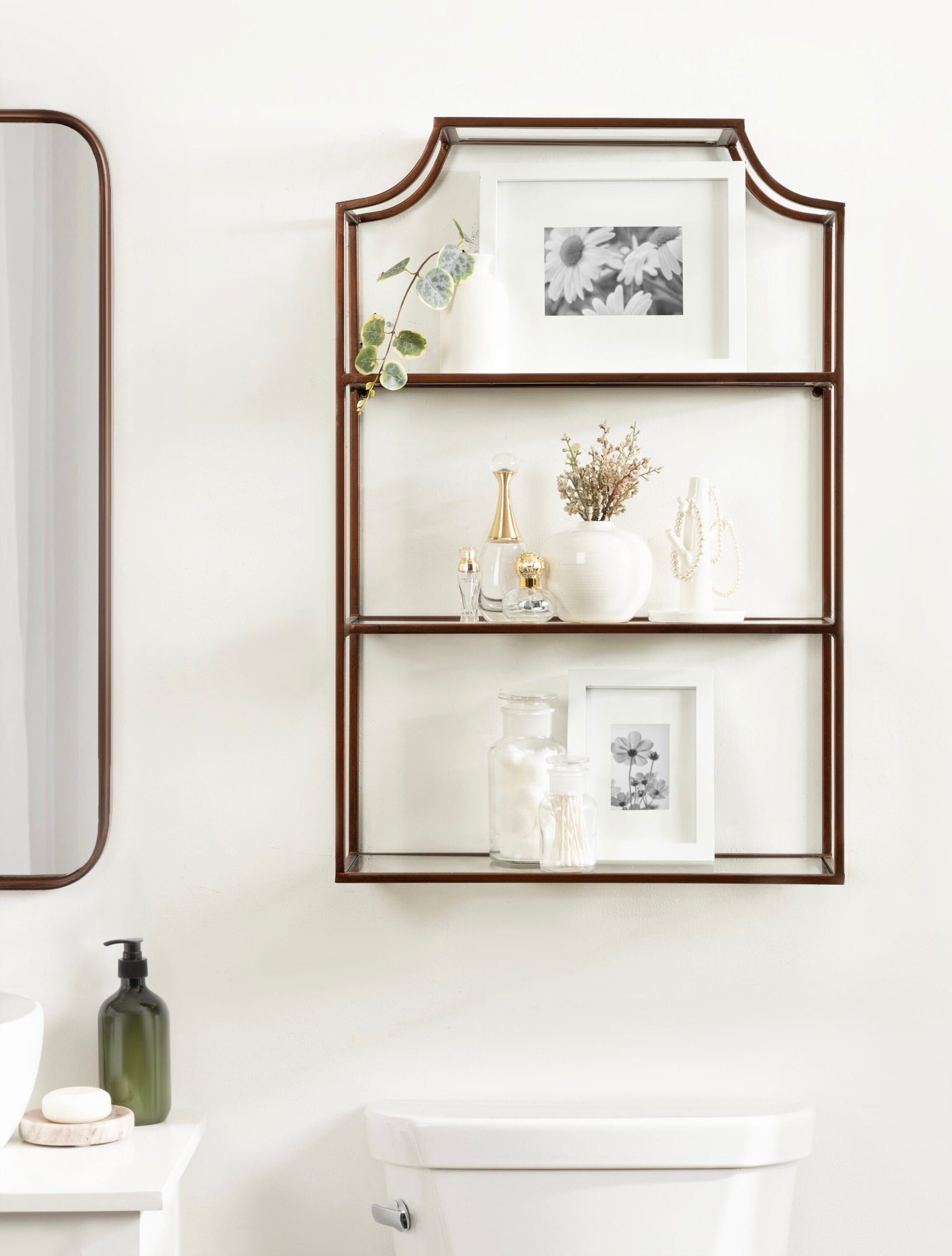 Bronze Metal Geometric Wall Shelf with Glass Tiers