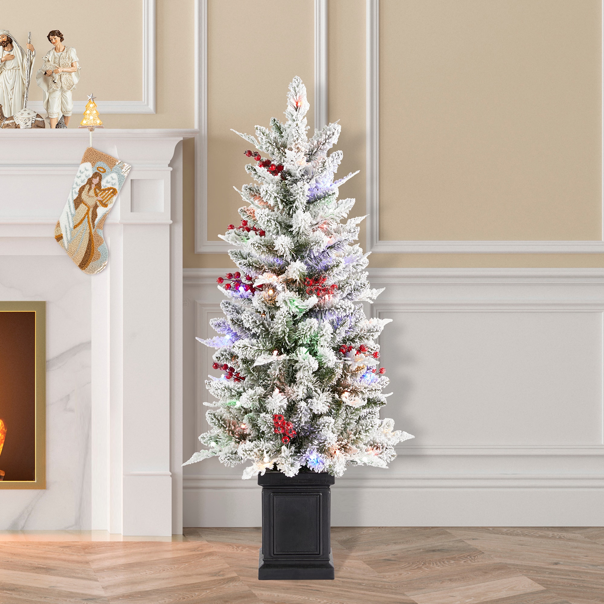Glitzhome - 4-ft Pre-lit Flocked White Artificial Christmas Tree with White LED Lights