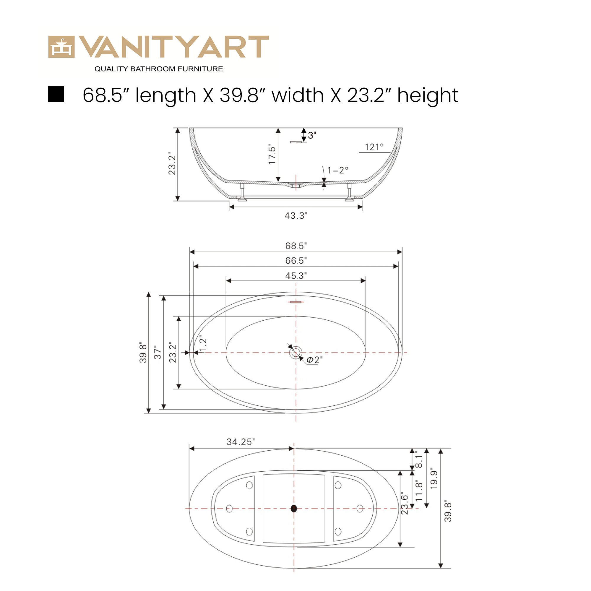 67'' White Freestanding Acrylic Soaking Bathtub