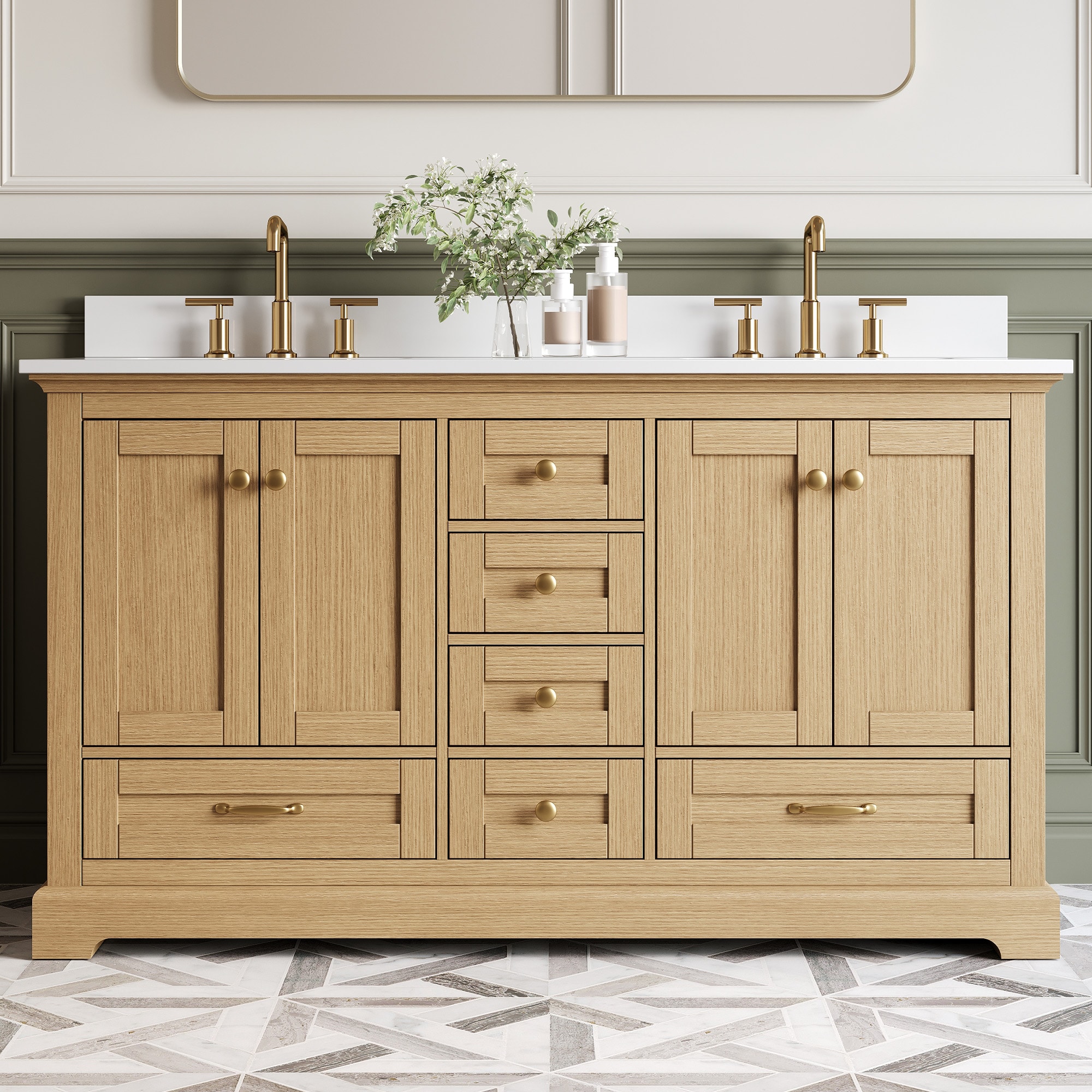 WELLFOR - LVD Solid Wood Bathroom Vanities with Top 60-in Oak Brushed Gold Handles Undermount Dou...