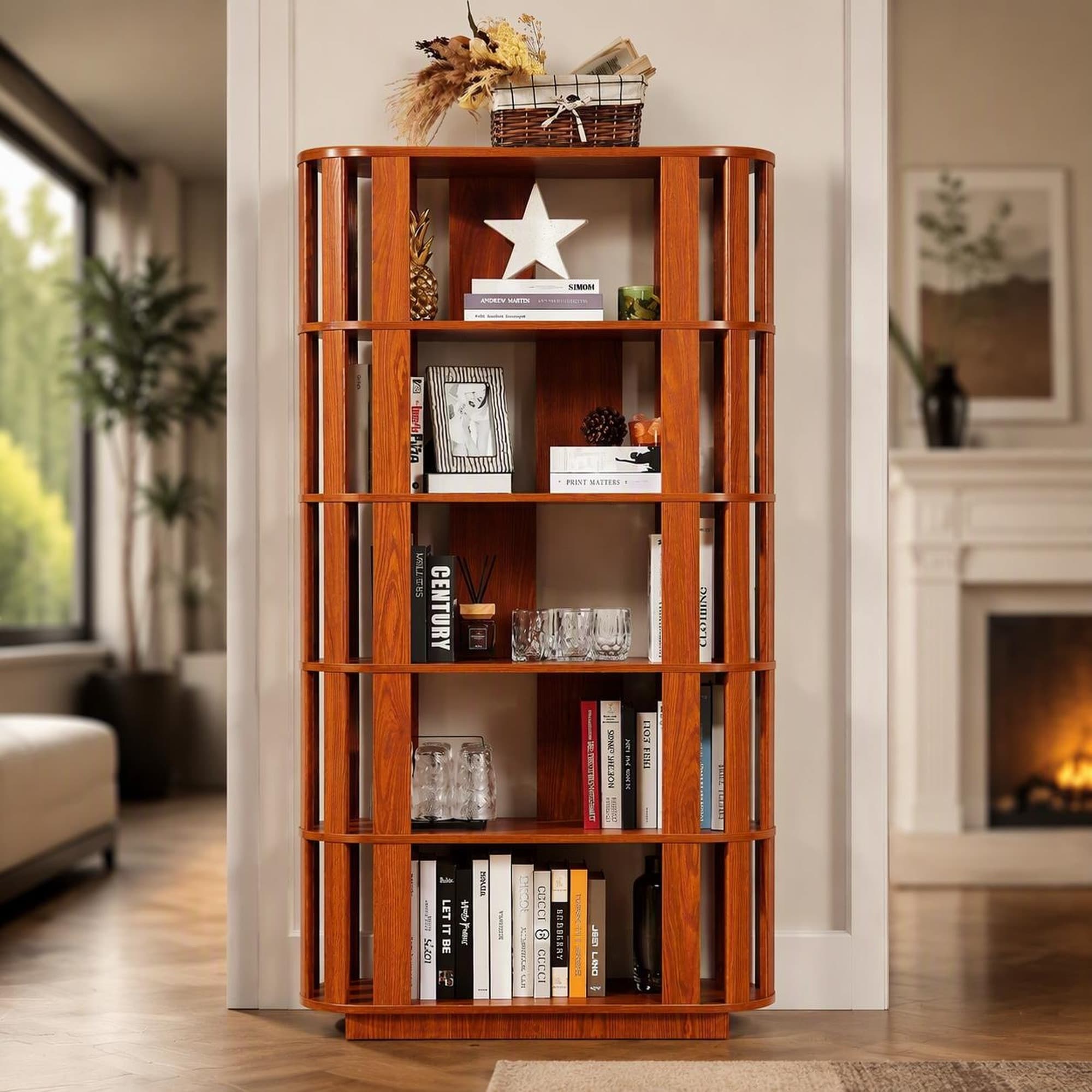 TEINIE Wooden Oval 5 Tier Open Bookshelf Freestanding MDF Bookcase ...