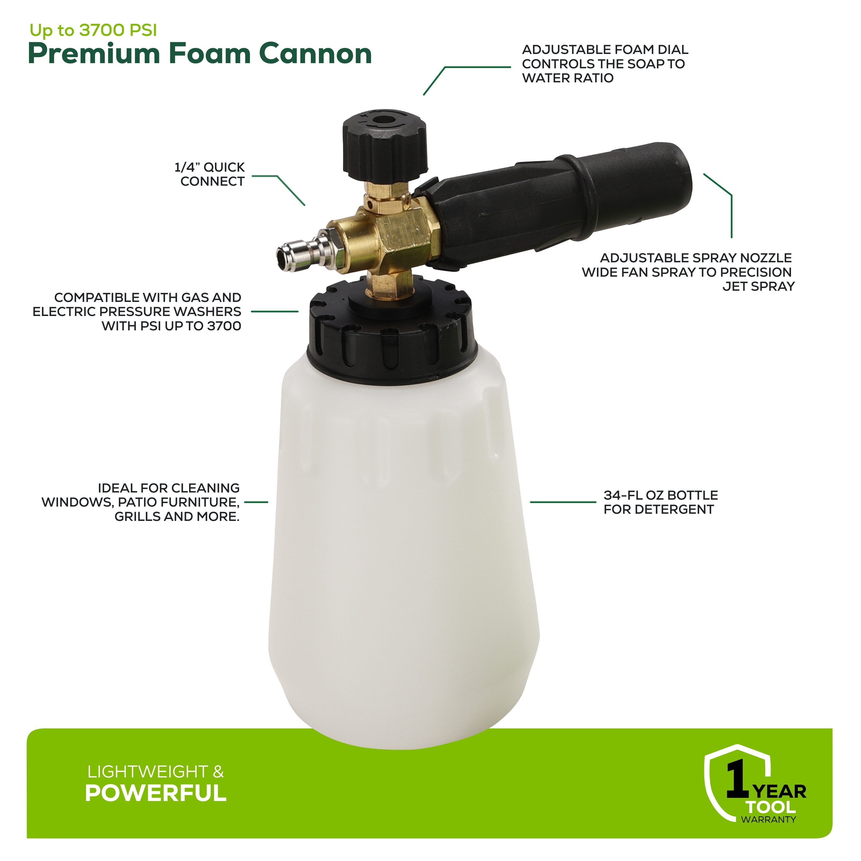 Greenworks Premium Foam Cannon (3700 PSI MAX) at