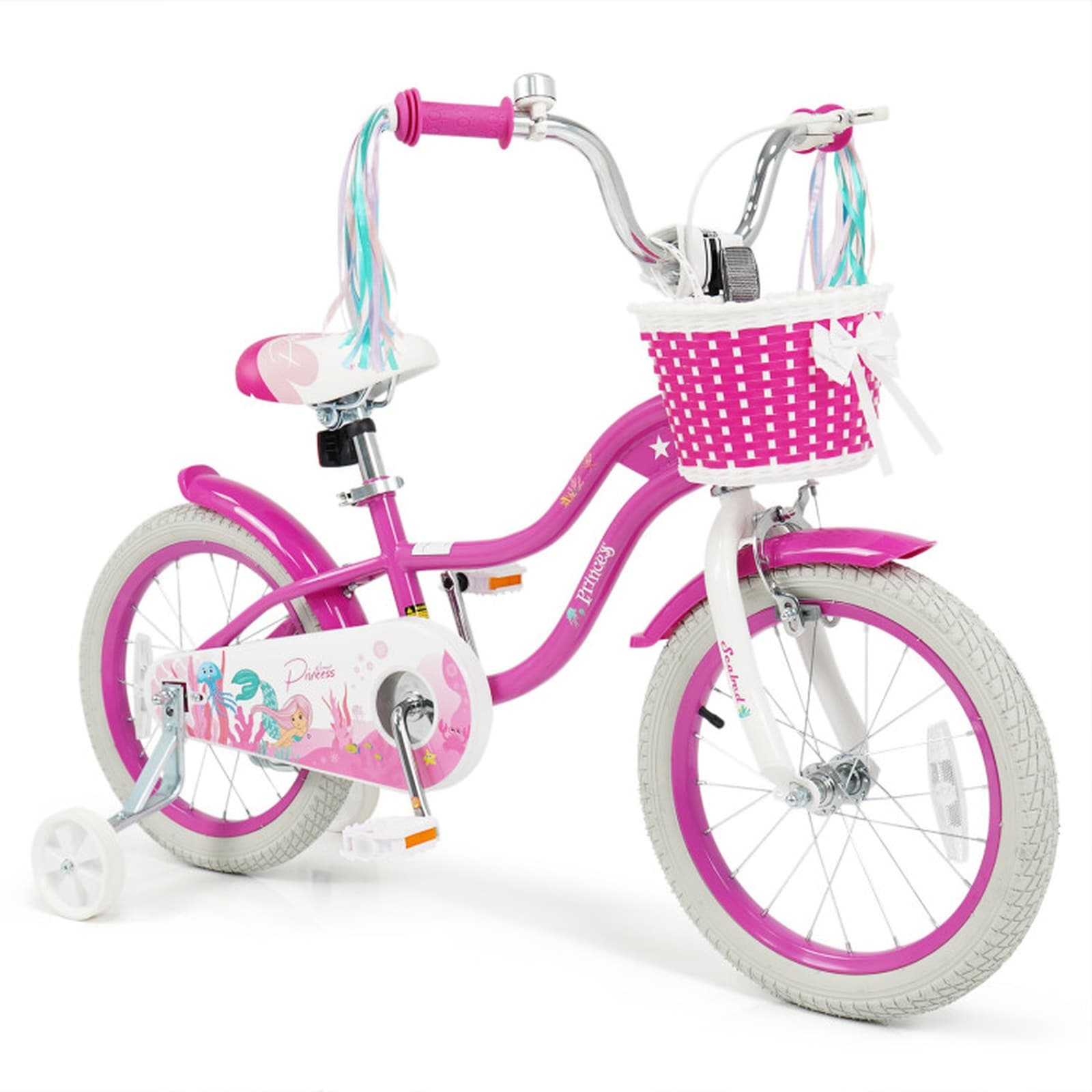SUGIFT 16-in Kids Bike Princess of Sea Rose Red with Basket Streamers Training Wheels for Ages 4-7