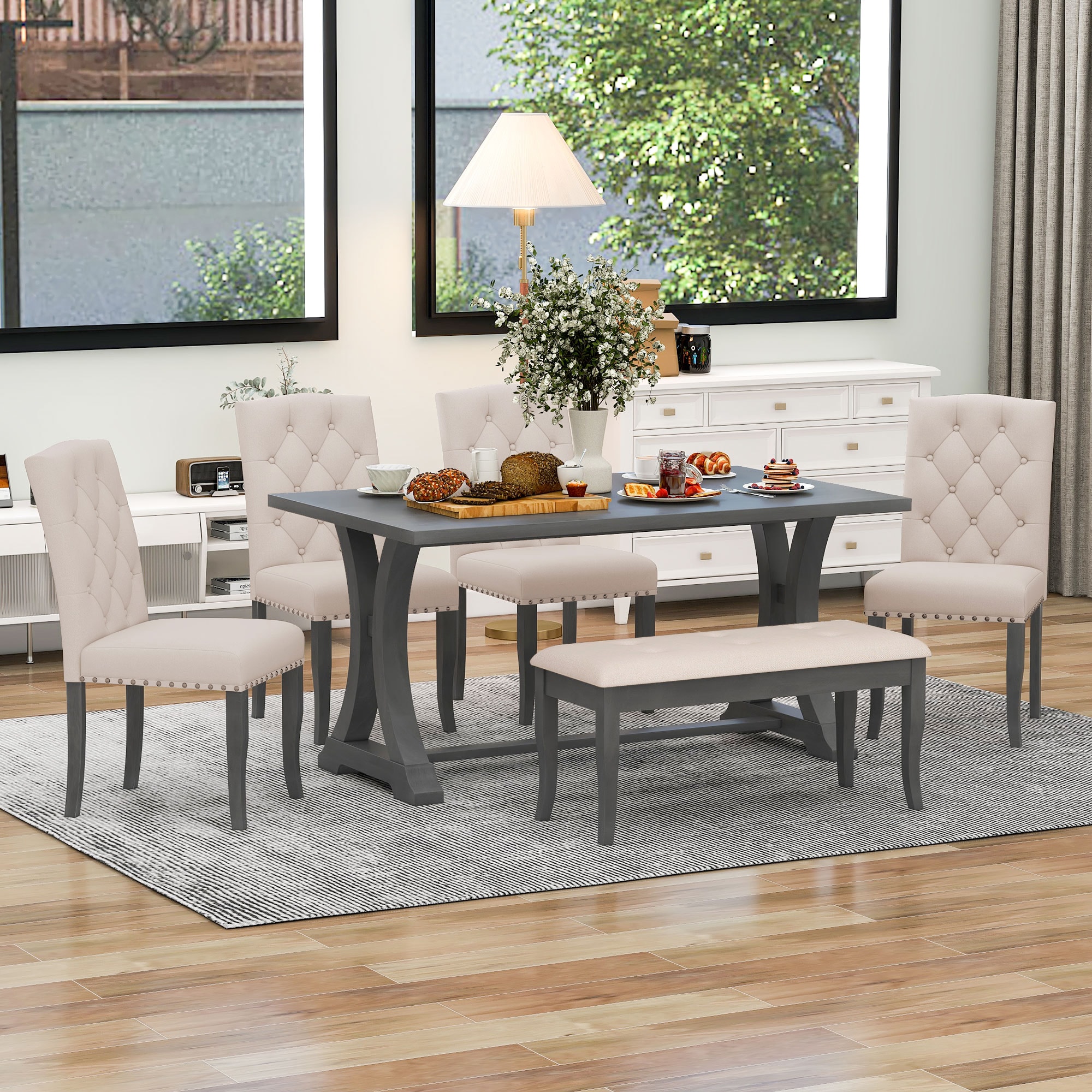 JANSNO DKSELL011 Antique Gray Rustic Dining Room Set with Rectangular Table ( Seats 6 )