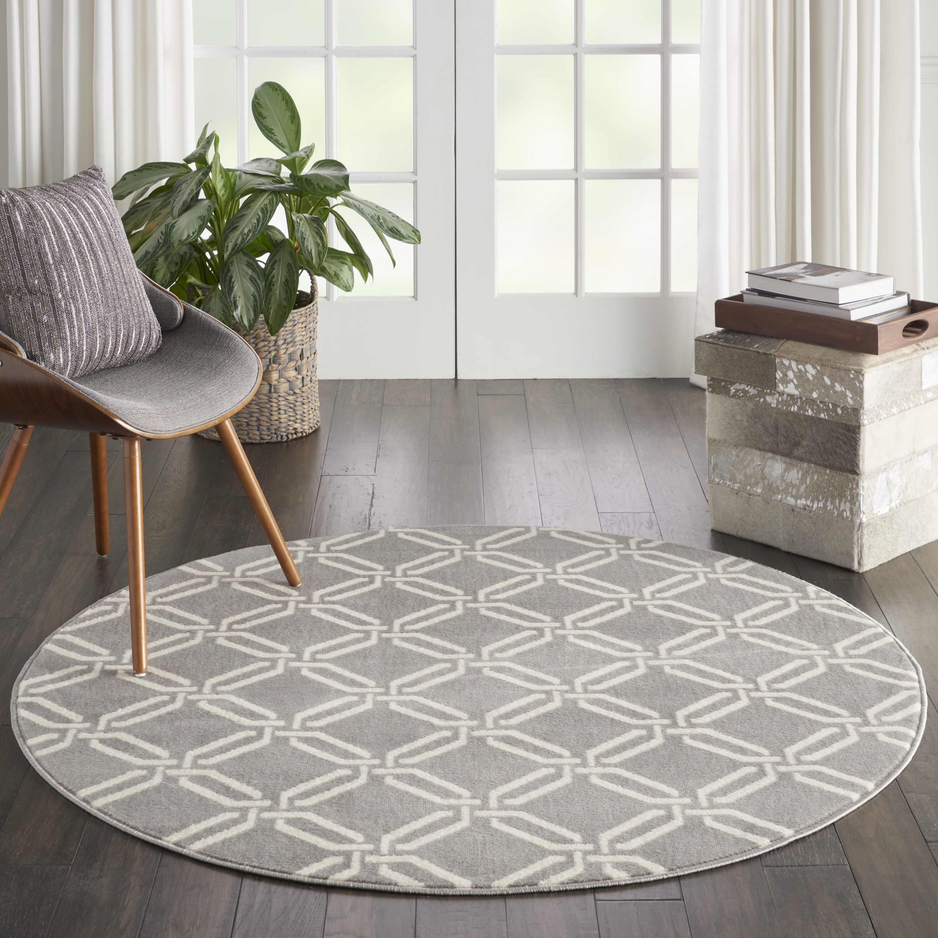 Nourison 99446479419 Jubilant 5 x 5 (ft) Loomed Polypropylene Grey Round Indoor Abstract Area rug