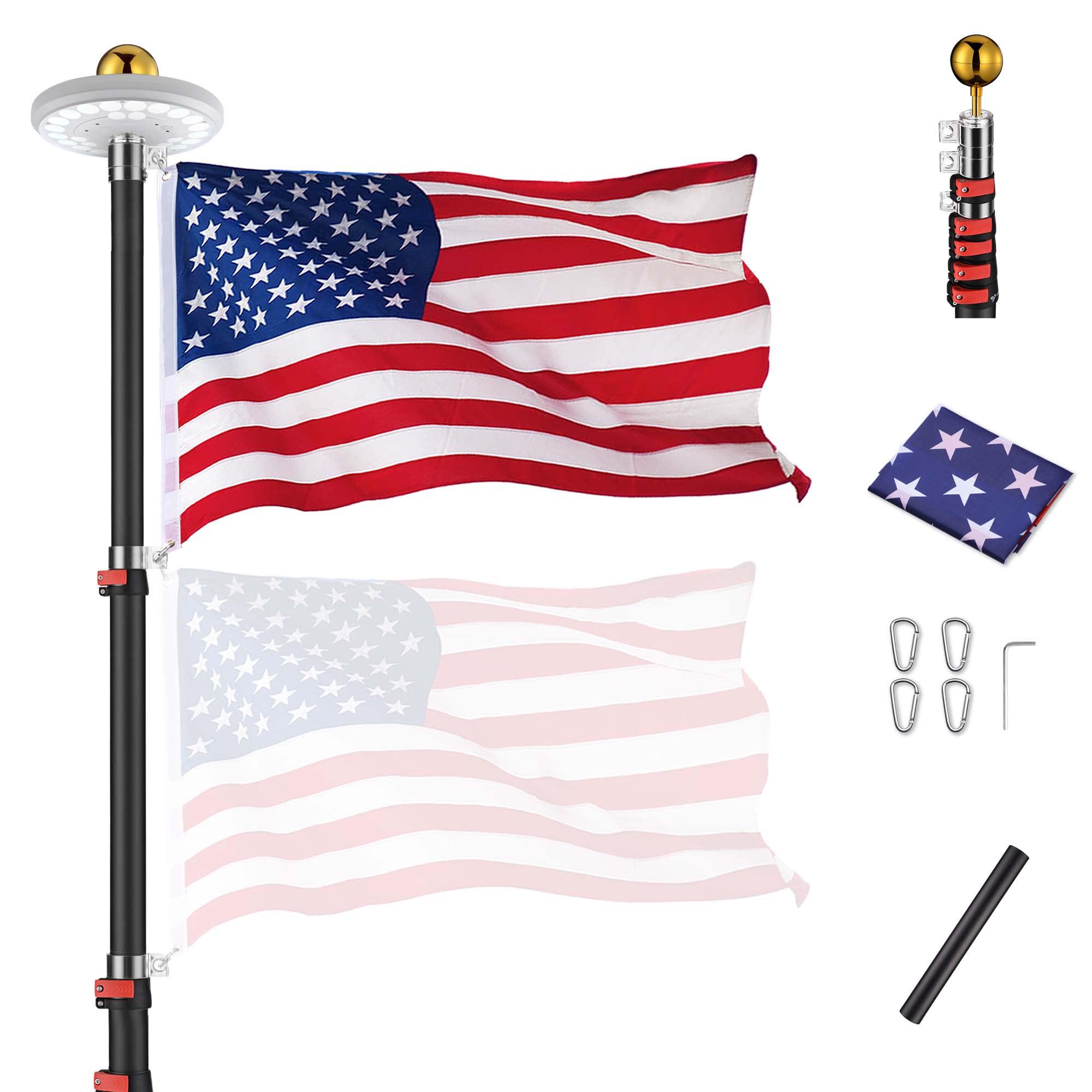 Yescom 22FLPSET039-30-06-LO EZ GO 30 Ft Telescopic Flag Pole Kit with 26 LED Solar Light US Flag Ball Top