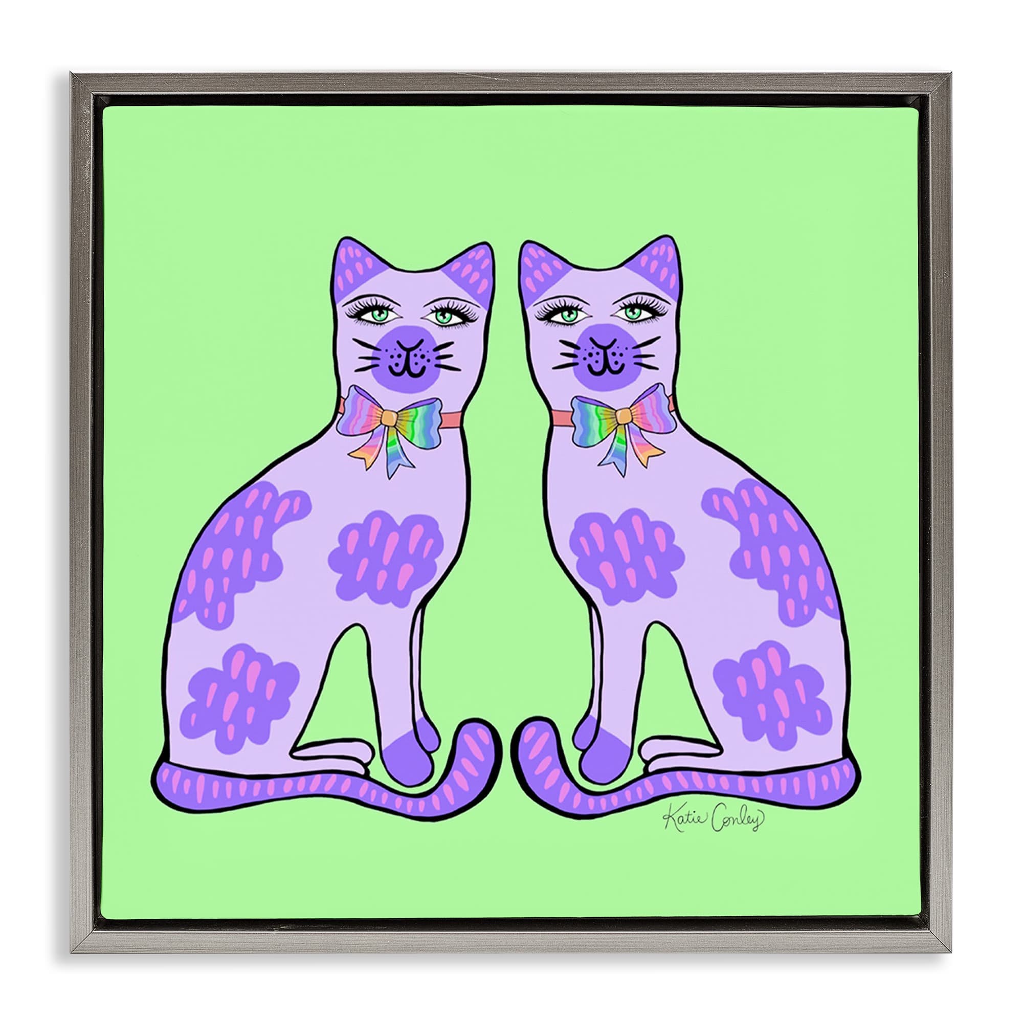 Stupell Industries BS-754-FFL-24X24 Purple Cats on Green Gray Framed Floater Canvas Wall Art By Katie Conley 25 x 25