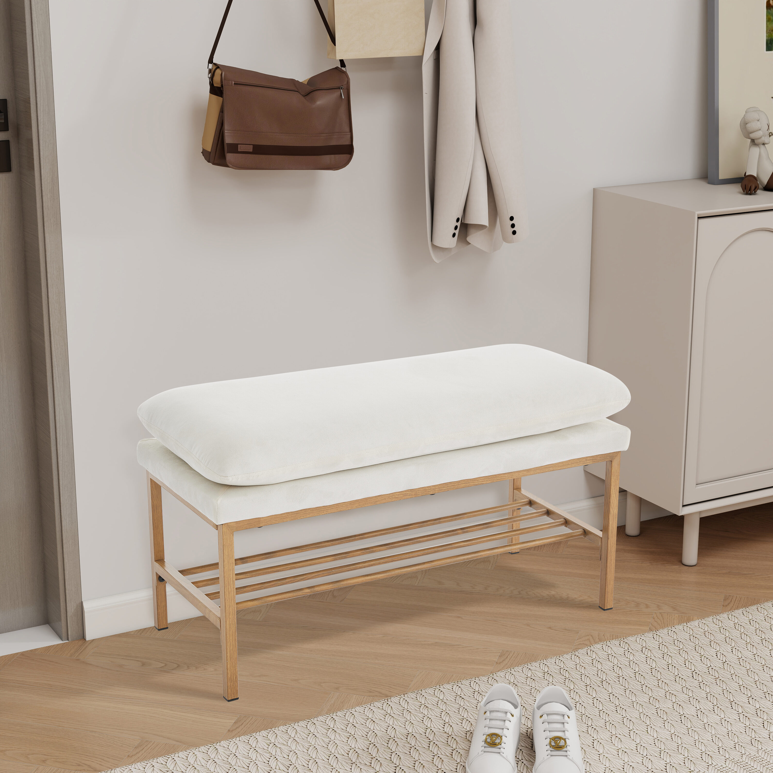Hrinhom HC-W4107-BEIGE Modern BEIGE Storage Bench with Storage 32-in x 14.2-in x 17.7-in