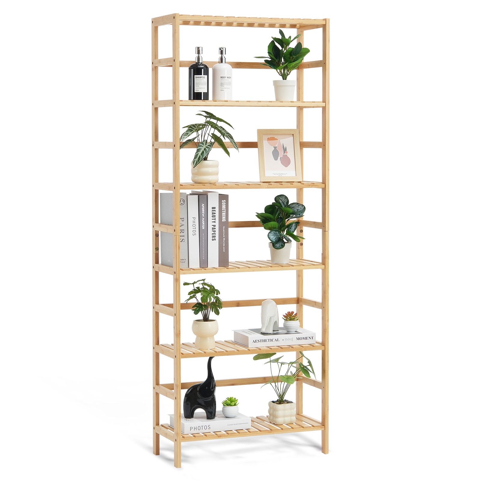 GIVIMO 6-Tier Bamboo Open Bookshelf Display Storage Rack Freestanding Wood Shelf with 22-lb Per-Layer Capacity for Bathroom Bedroom Office in Natural