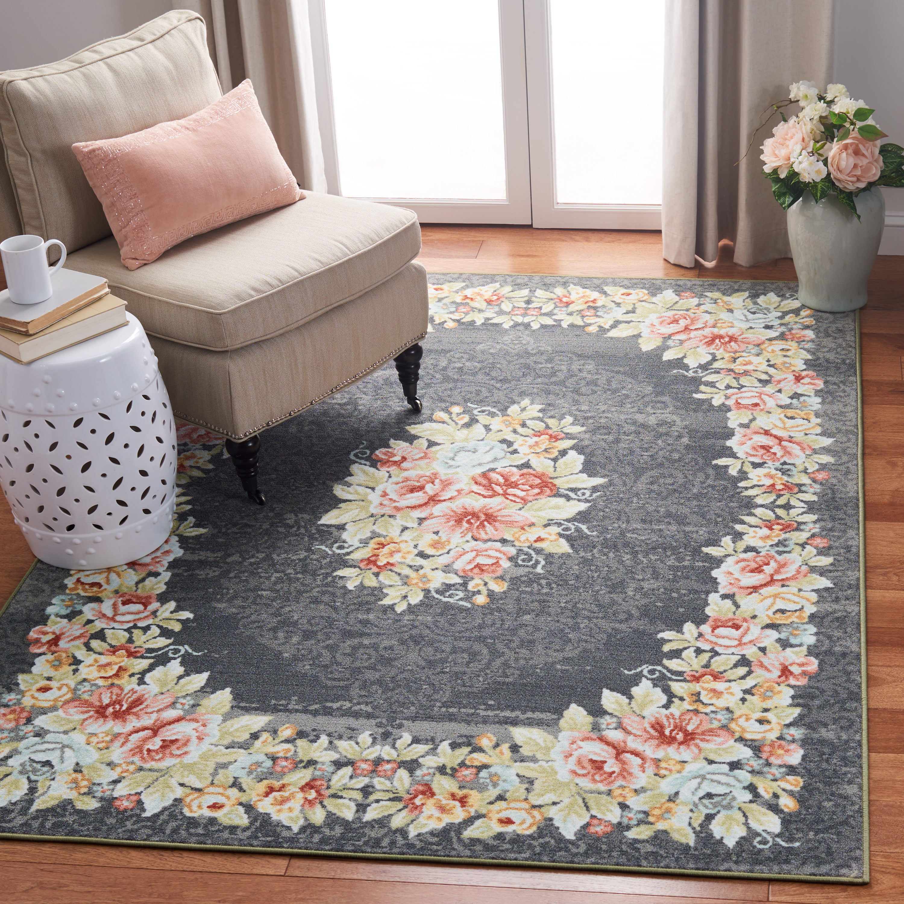 Gray and Pink Floral Pattern Square Wool Area Rug
