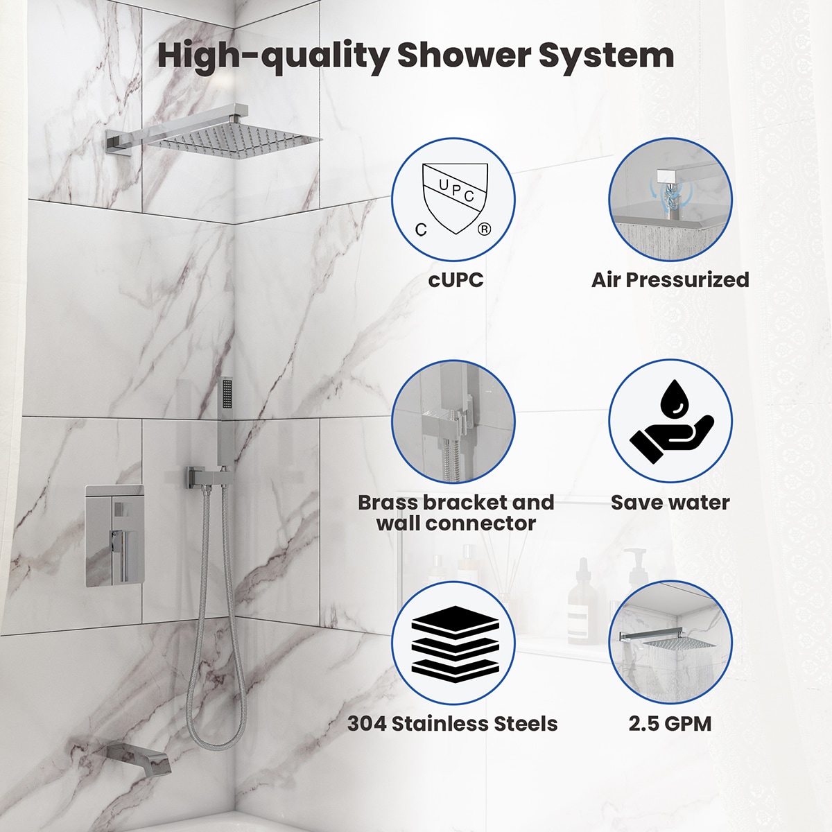 Mondawe AM-S008AC-10CH Chrome 10-in Built-In Shower Faucet System with 3-way Diverter ( Pressure-balanced Valve Included )