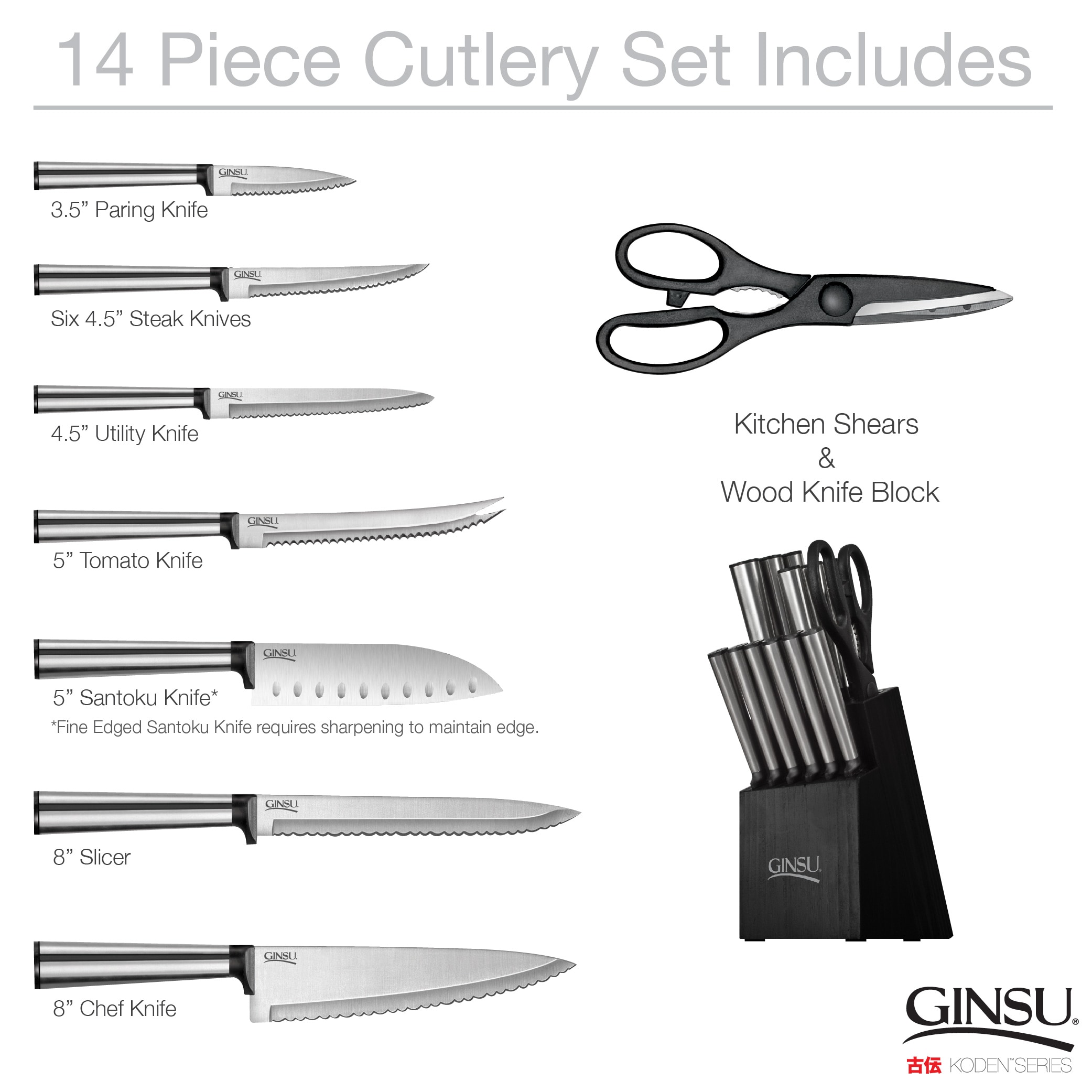 Ginsu Chikara Series 19 Piece Knife Set in Bamboo Block - Includes