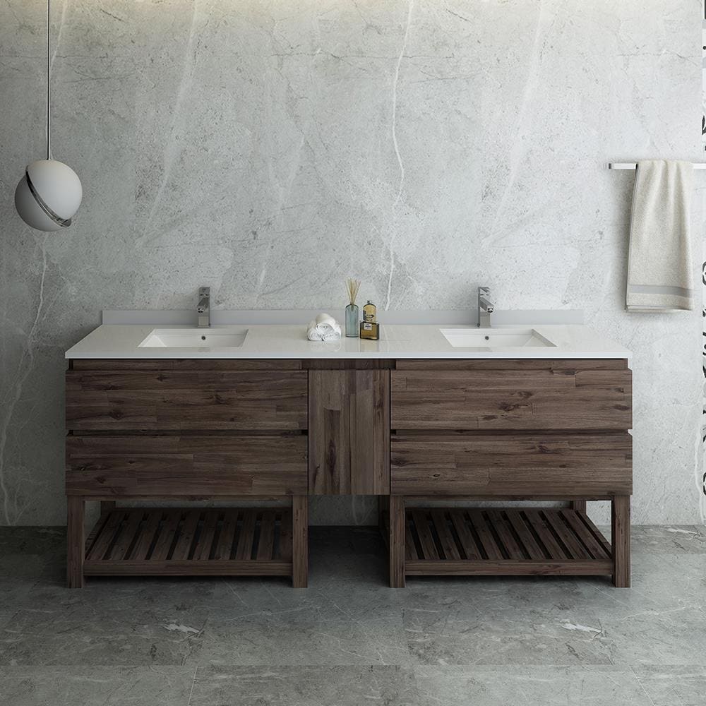 Formosa 82" Brown Acacia Wall-Mount Double Vanity Cabinet