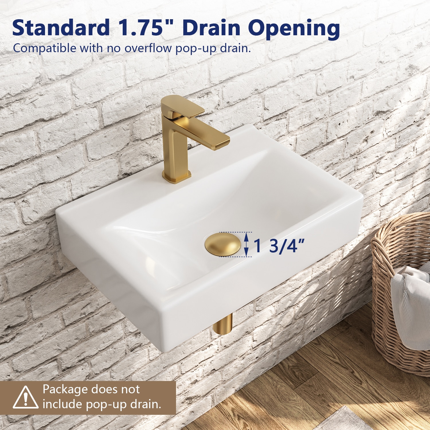 18'' White Ceramic Wall-Mount Bathroom Sink with Faucet Hole