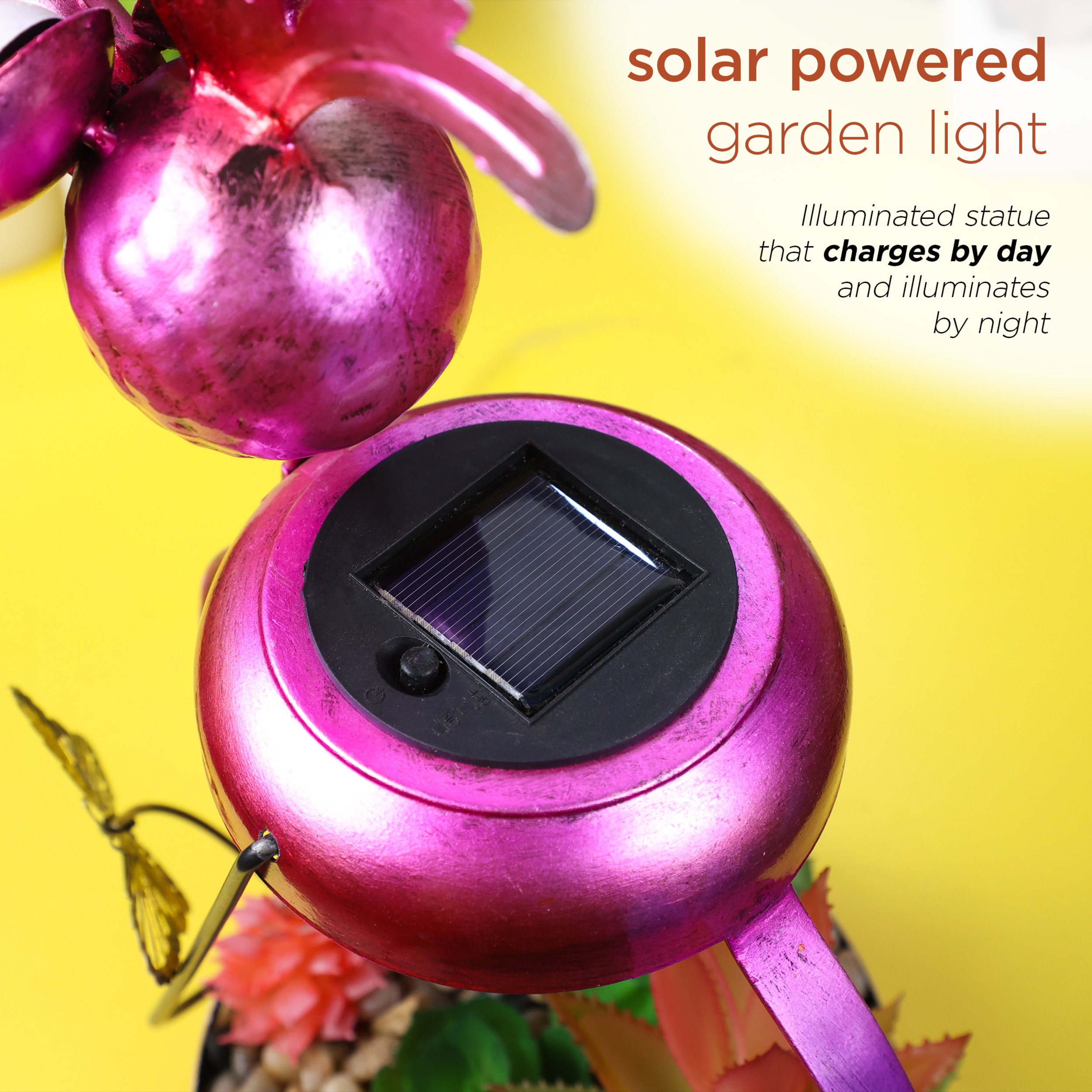 16" Solar Pink Flamingo Metal Garden Decor with LED Light