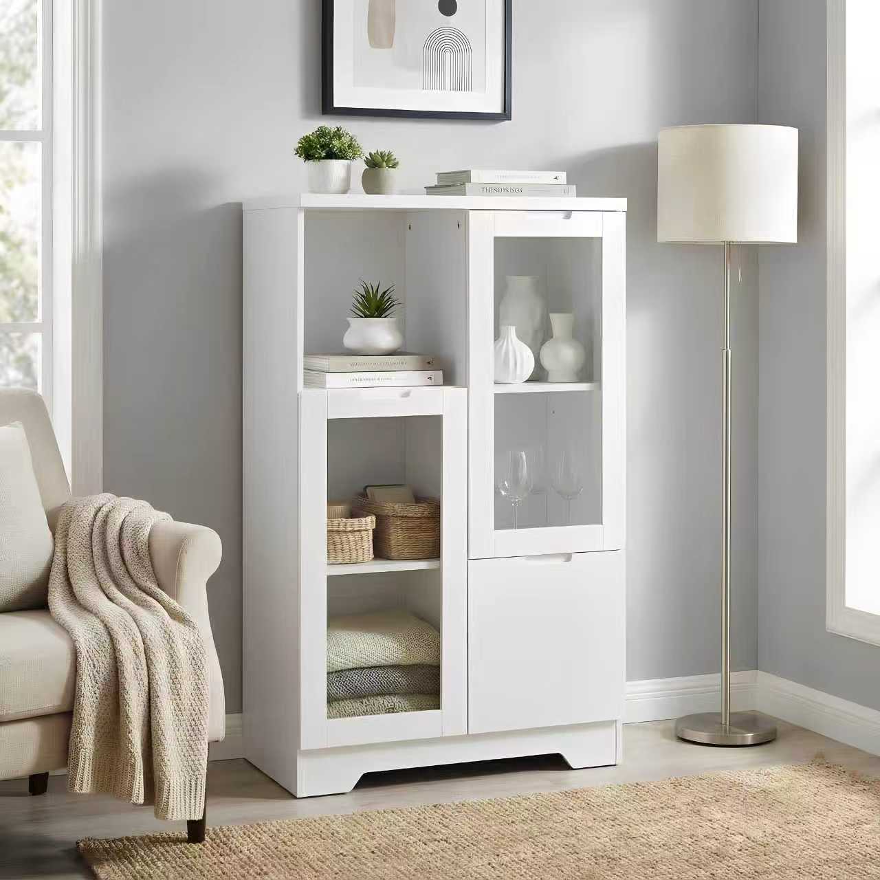 Belffin - MDF painted Cabinet with Glass Doors and drawer open storage space White Bedroom Living...