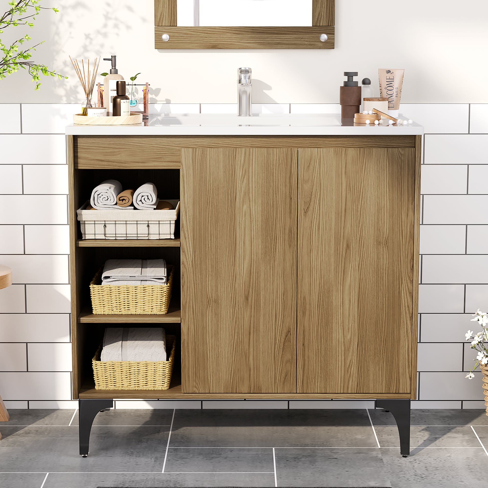 JEAREY JE-DNXXY-YW 36-in Burlywood Single Sink Bathroom Vanity with White Ceramic Top