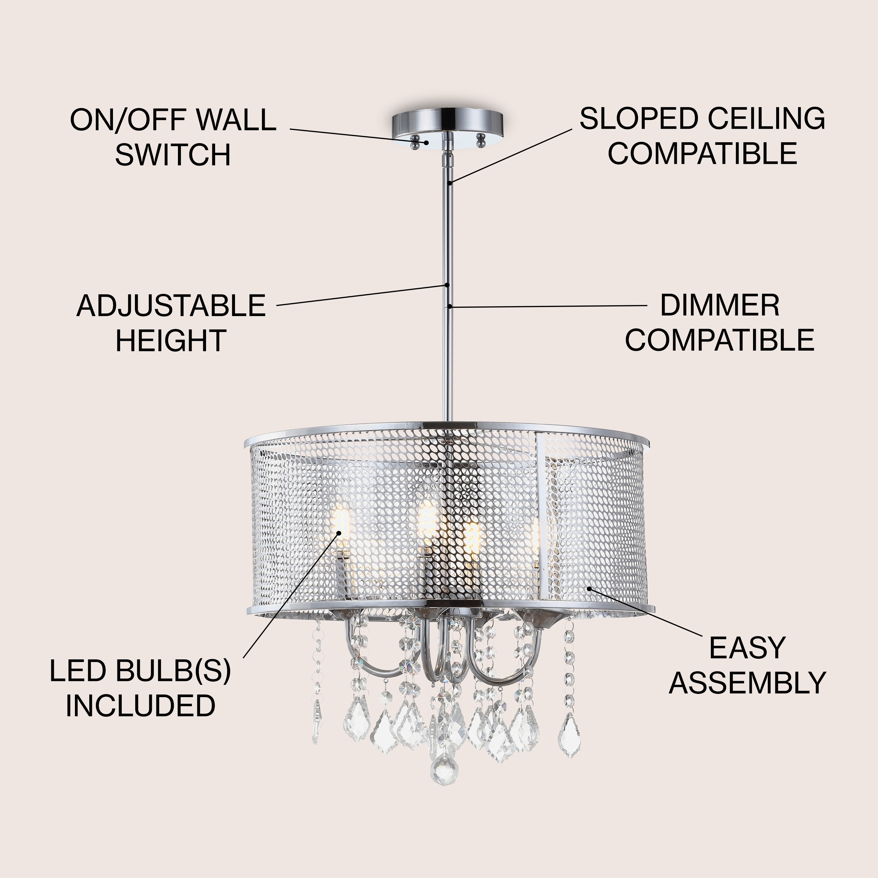 Avah 17" Chrome Polished Crystal LED Adjustable Chandelier