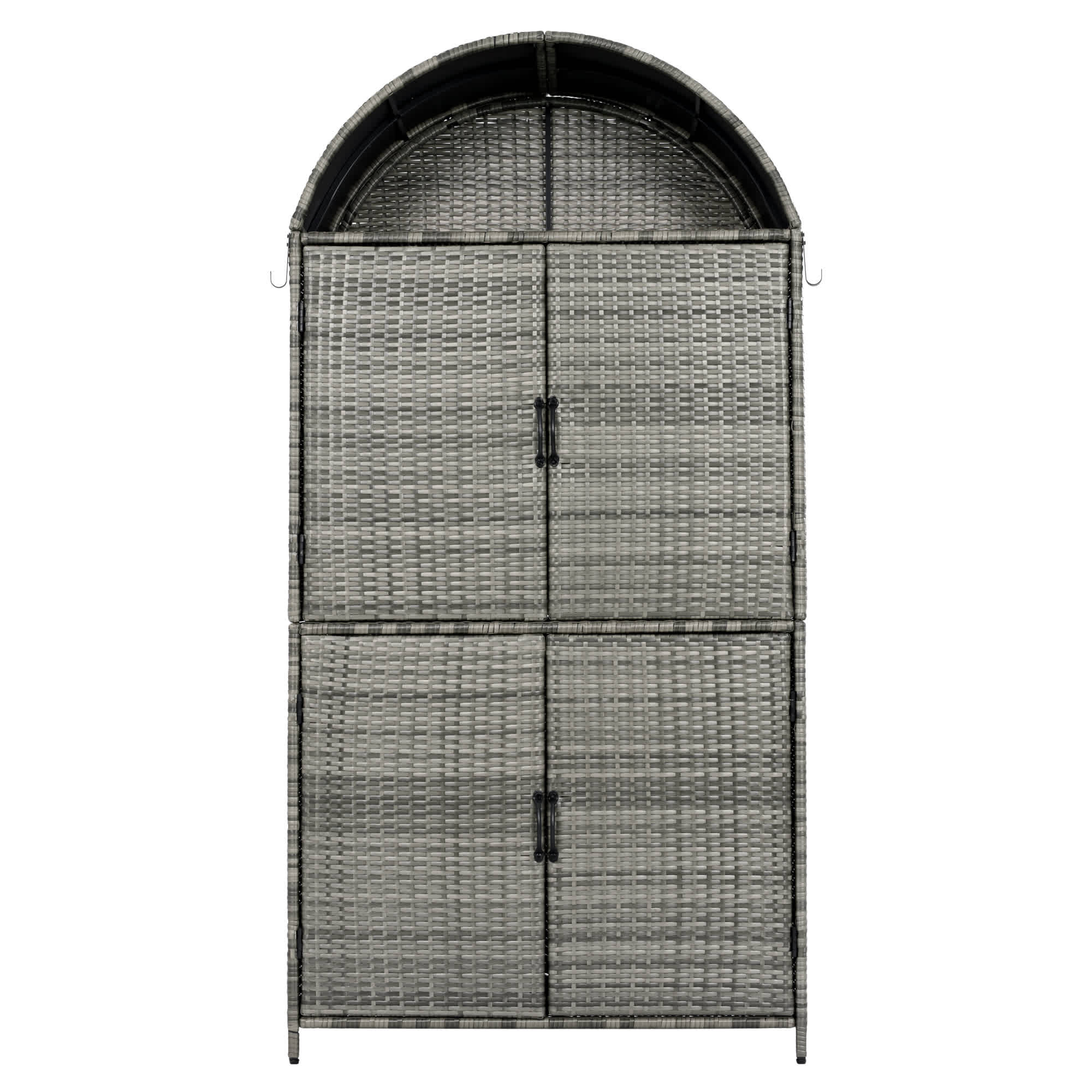 Vynxaria 72 Inch Tall Arched Outdoor Storage Cabinet Rattan Wicker Patio Organizer with Adjustable Shelves and Side Hooks for Garden Pool and Backyard Grey #LEDD0546DJHWXZ0064