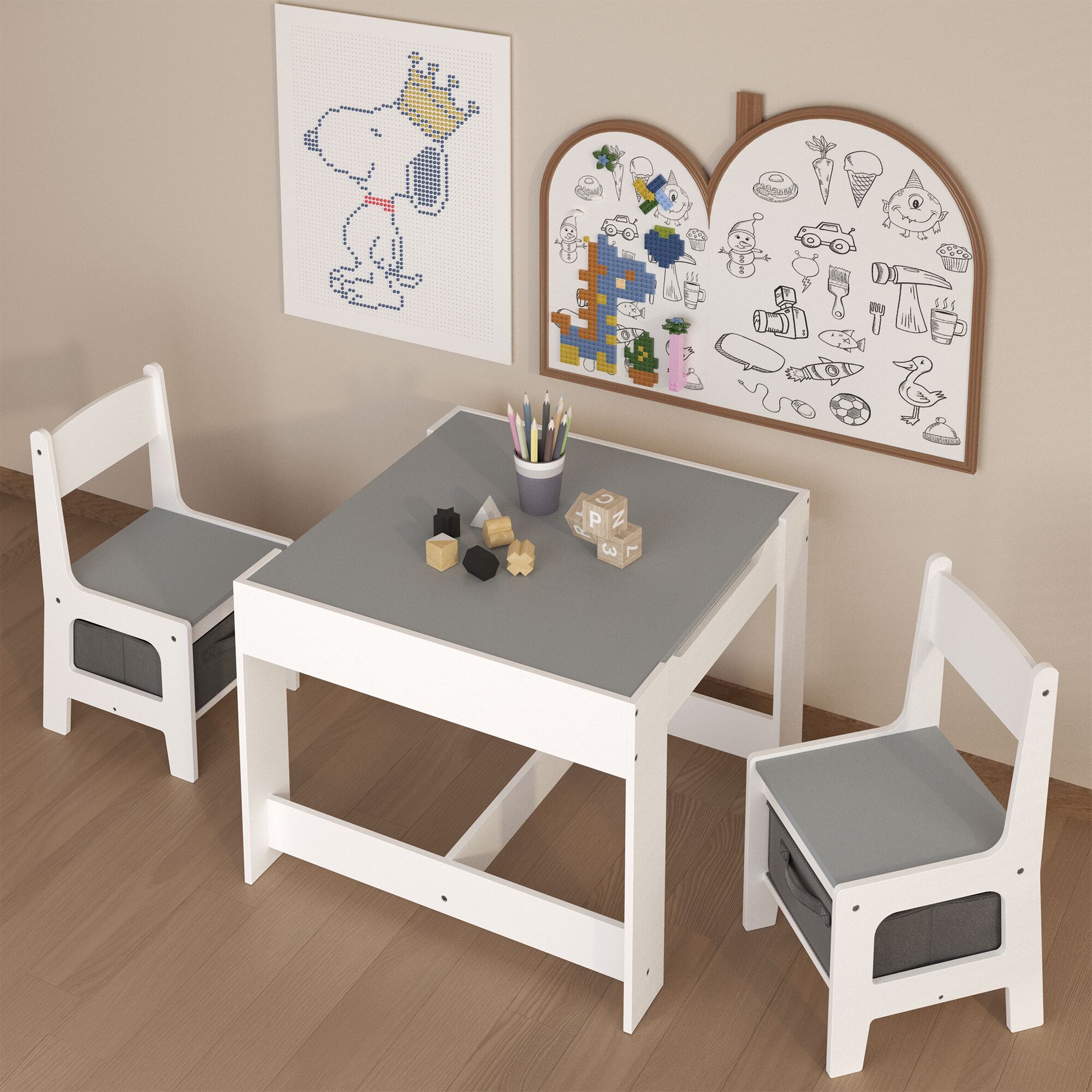 LUXEYARD Kids Table and Chair Set 3 in 1 Wooden Activity Table with ...