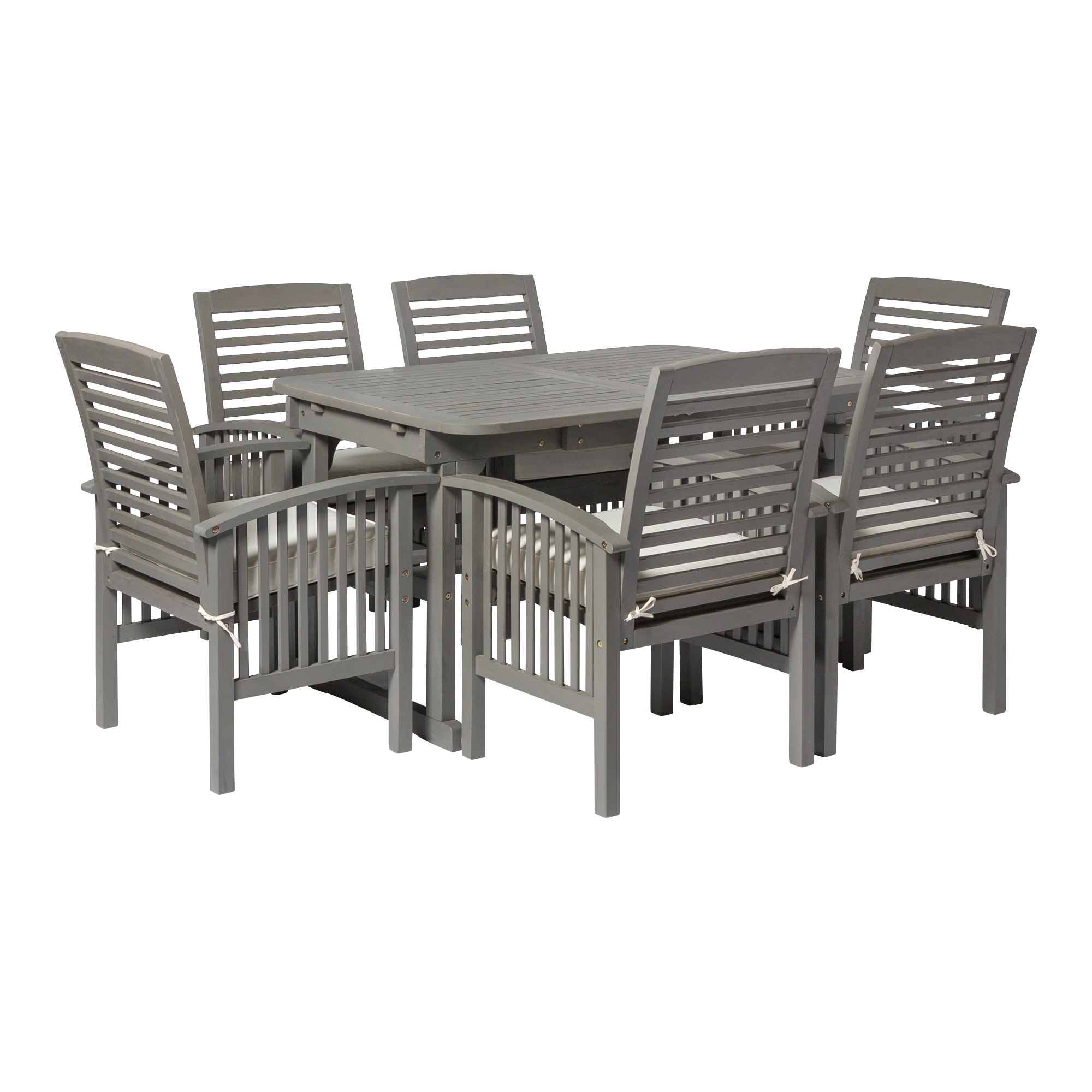 Walker Edison LWW7SGW 7 -Piece Gray Wash Patio Dining Set Extendable Table Wood Rectangle Table with 6 White Cushions Stationary Chairs