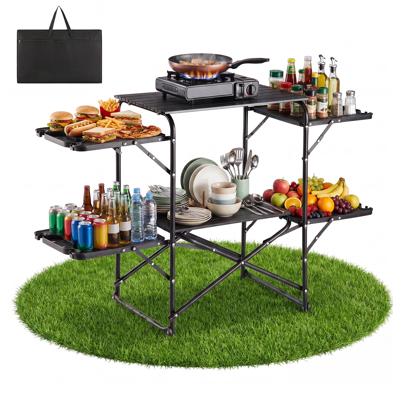 VEVOR Camping Kitchen Table Slim-Fold Cook Station Portable Folding Table with 4 Side Tables Heat Resistant Tabletop and Carrying Bag Ideal for Outdoor Picnics BBQs Camping RV Traveling
