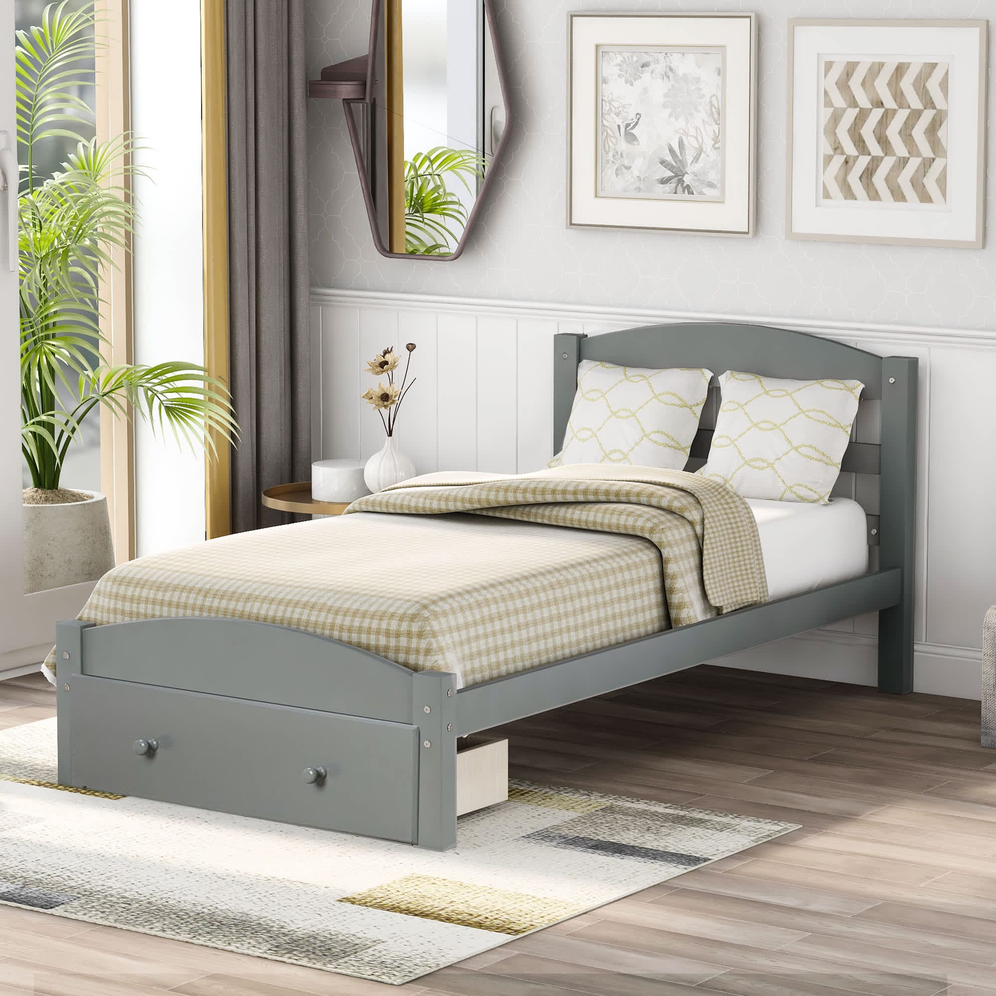 CIPACHO HCSE2505233197 Platform Twin Bed Frame with Storage Drawer and Wood Slat Support No Box Spring Needed  Gray