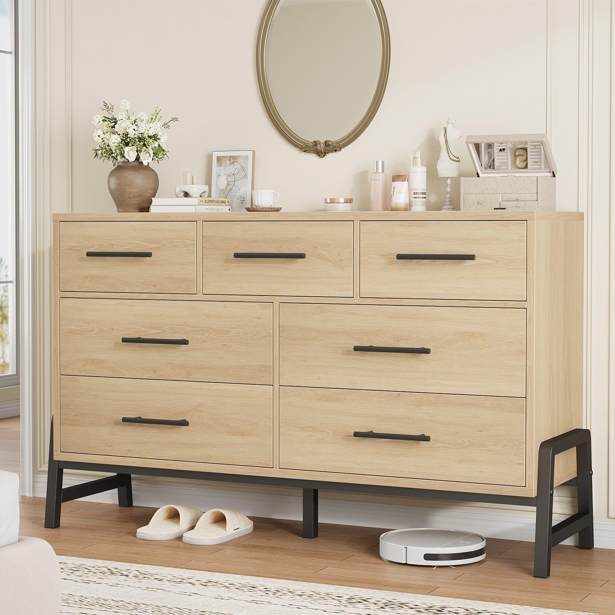 Qeetex GG-W546F011 7 Drawer Dresser 52 Inch Wide Wooden Storage Chest Spacious Drawers Freestanding Organizer for Bedroom Living Room Entryway Wood Color