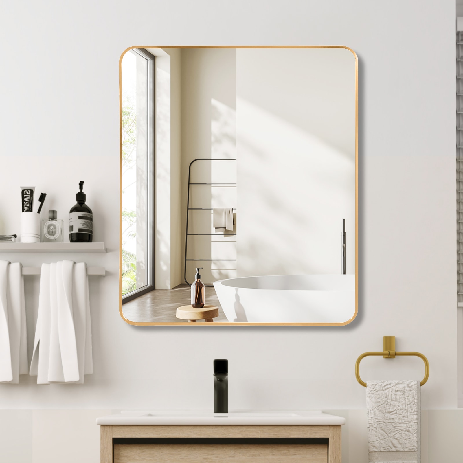 AAZJ Rectangular Bathroom Wall Mirror 30-in x 36-in Framed Rectangle Fog Free Bathroom Vanity Mirror ( Gold )