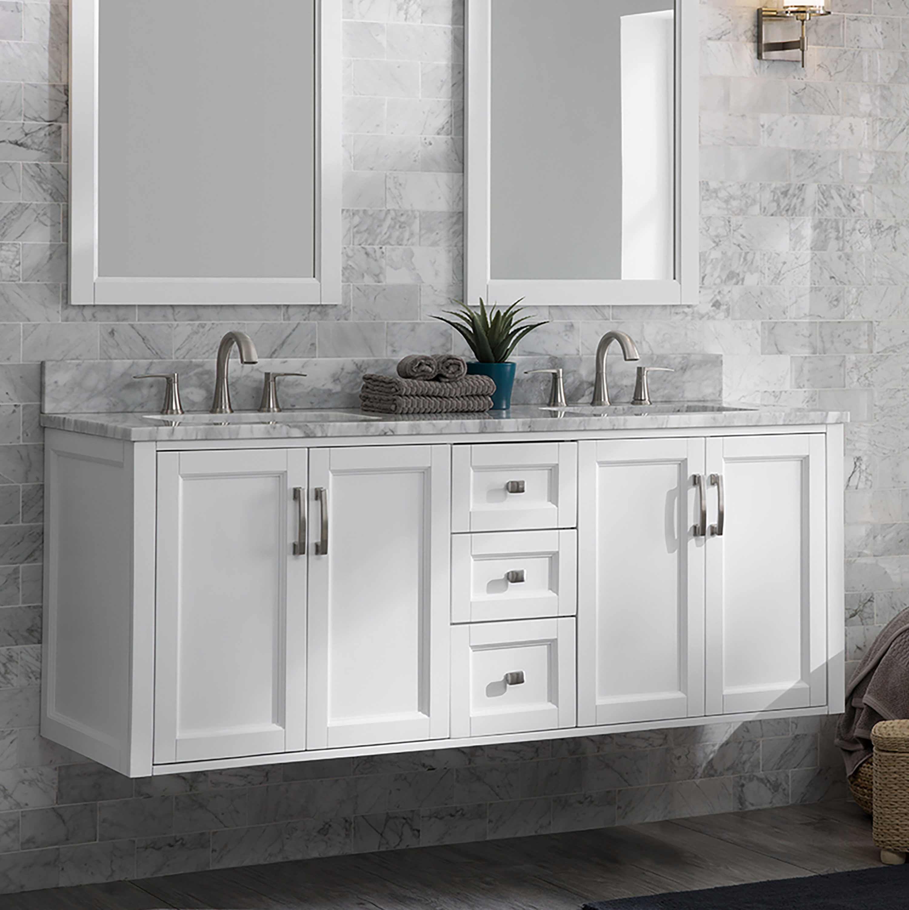 Allen Roth Floating 60 In White Undermount Double Sink Bathroom Vanity With Natural Carrara Marble Top The Vanities Tops Department At Com - Bathroom Vanity With Top Without Sink