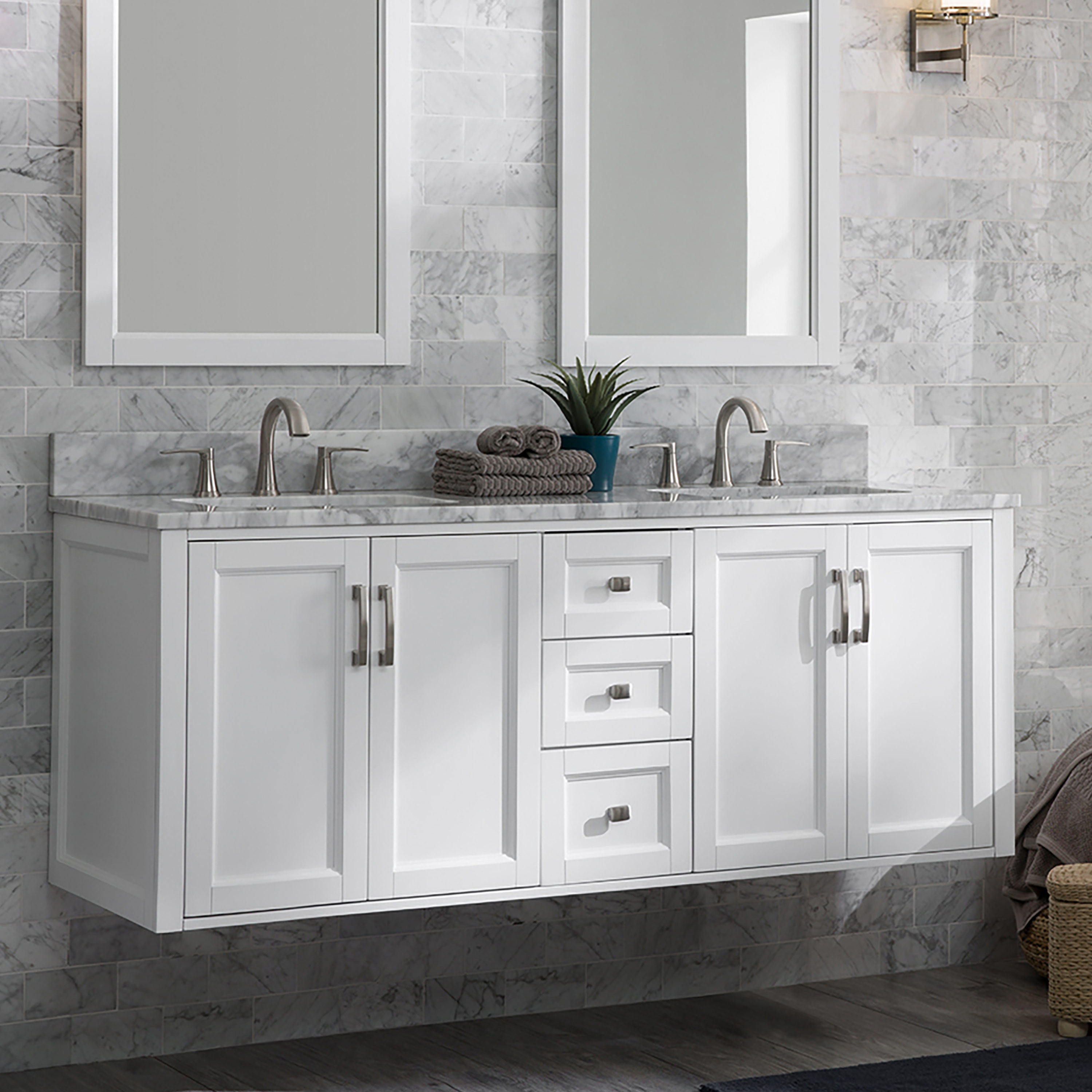 allen + roth Floating 60-in White Undermount Double Sink Floating Bathroom  Vanity with Natural Carrara Marble Top at