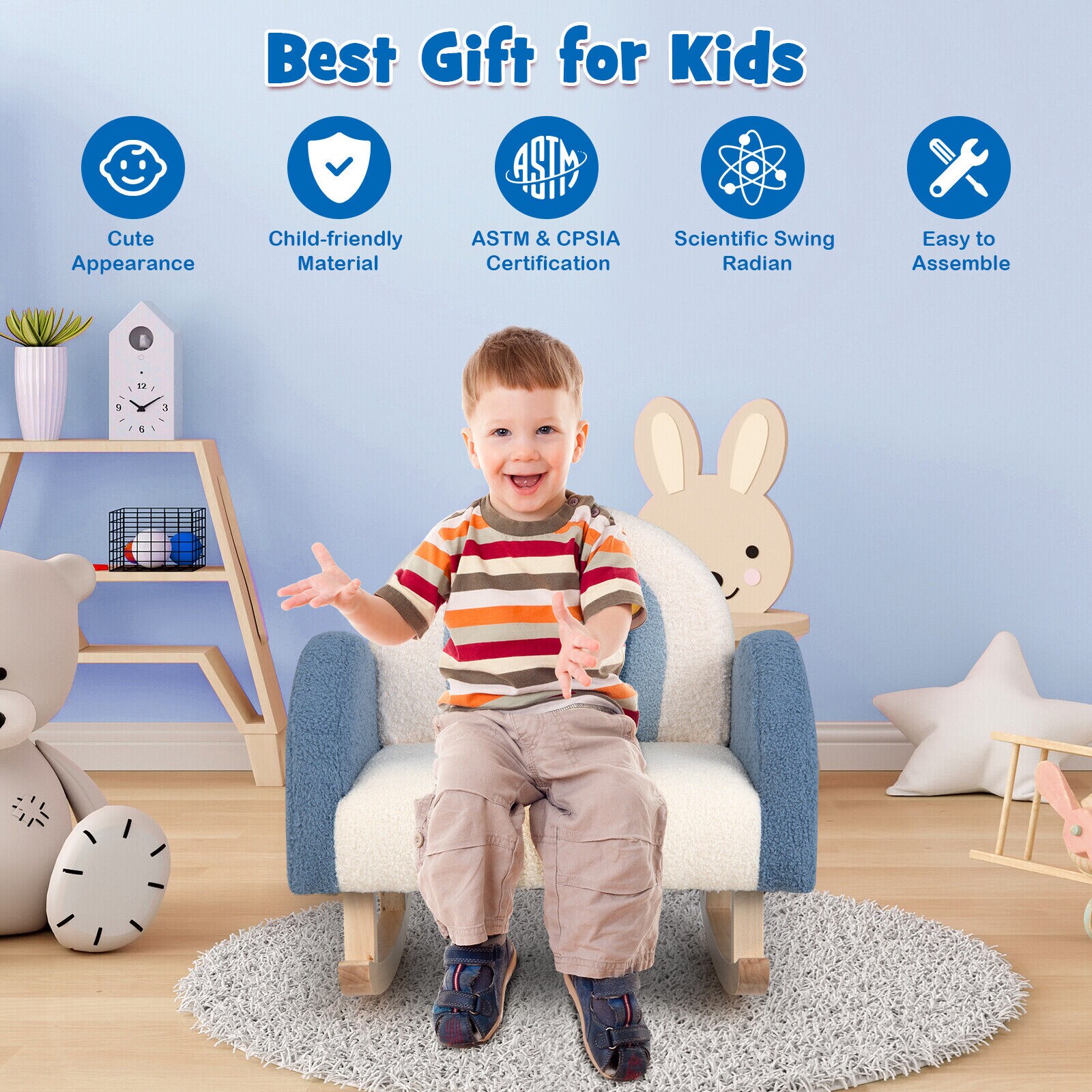 Slickblue Kids Plush Rocking Chair - 20 in Blue Upholstered Kids Chair ...