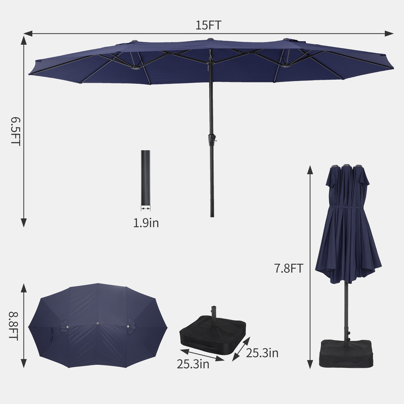 IdealHouse Extra Large Double-Sided Patio Umbrella with Base - 15FT ...