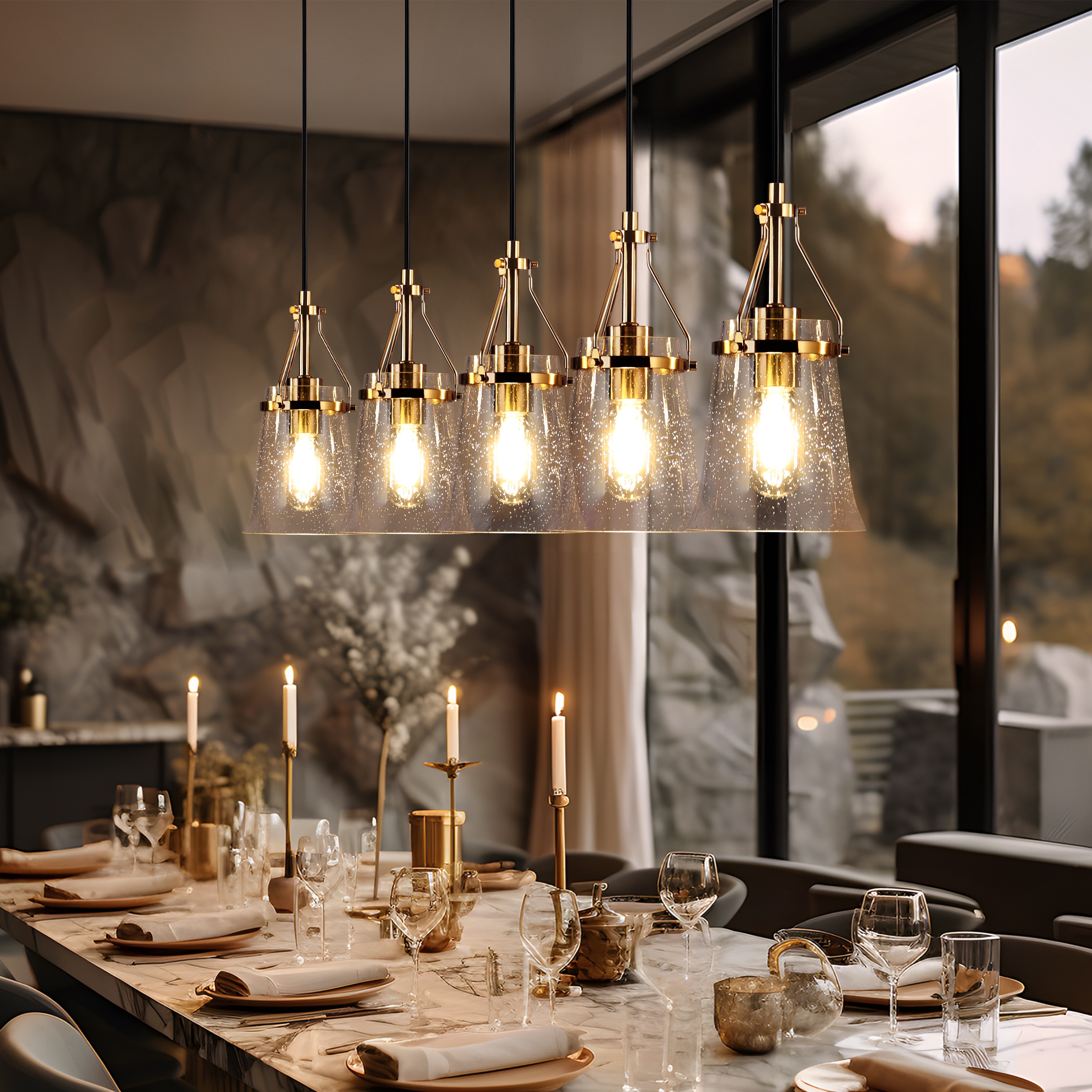 LNC LZVJ2YN71P5T8C Auisre 5 -Light Polished Gold and Bell Seeded Glass Modern/contemporary Seeded glass Linear Large Hanging Kitchen island light
