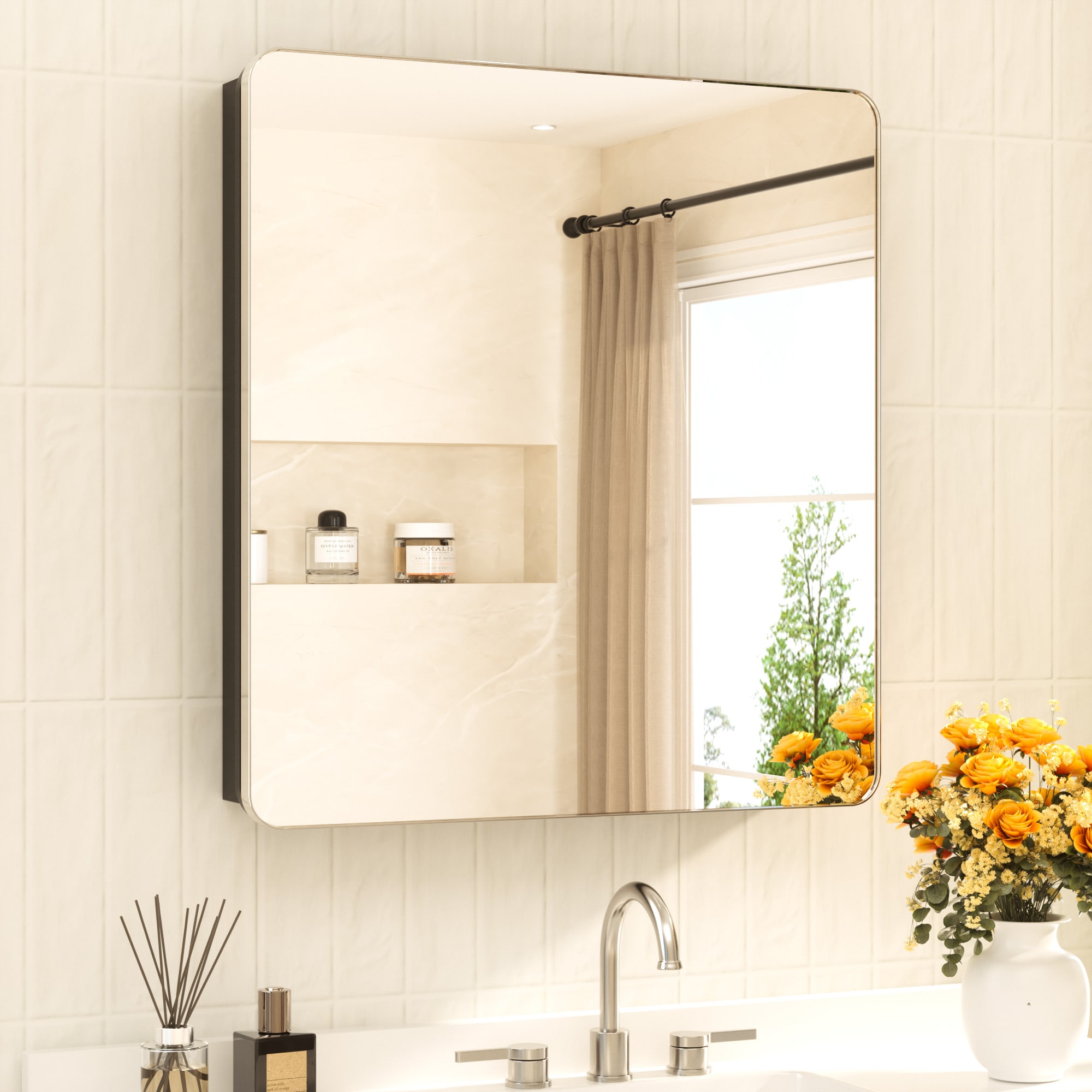 TETOTE 30-in x 32-in Recessed Mount Chrome Framed Mirrored Rectangle Medicine Cabinet