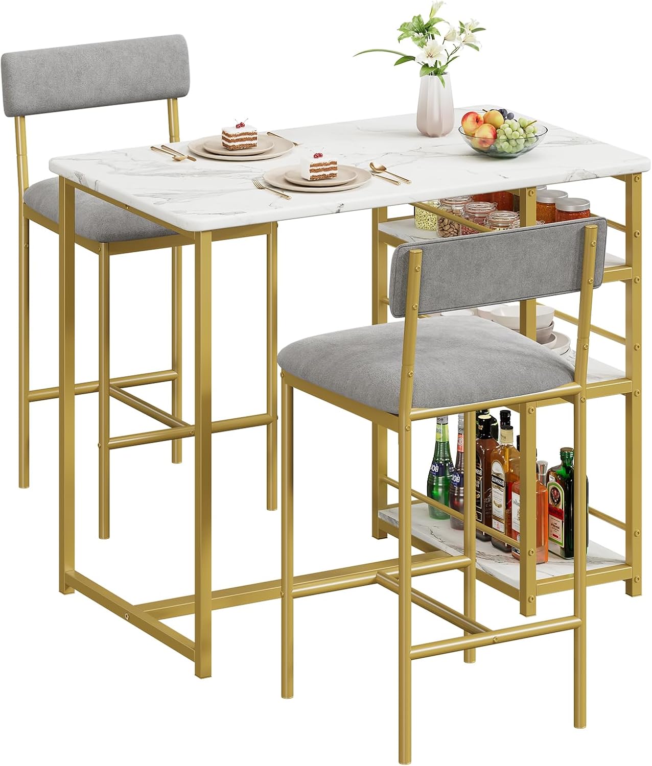 Qeetex DHZ-PHO-0YDDFAPS 2 Seater Dining Table and Chairs Set Kitchen Breakfast Bar Table Set with 2 Upholstered Chairs and 3-Tier Storage Shelves for Dining Room Bistro Gold Marble Effect and Grey