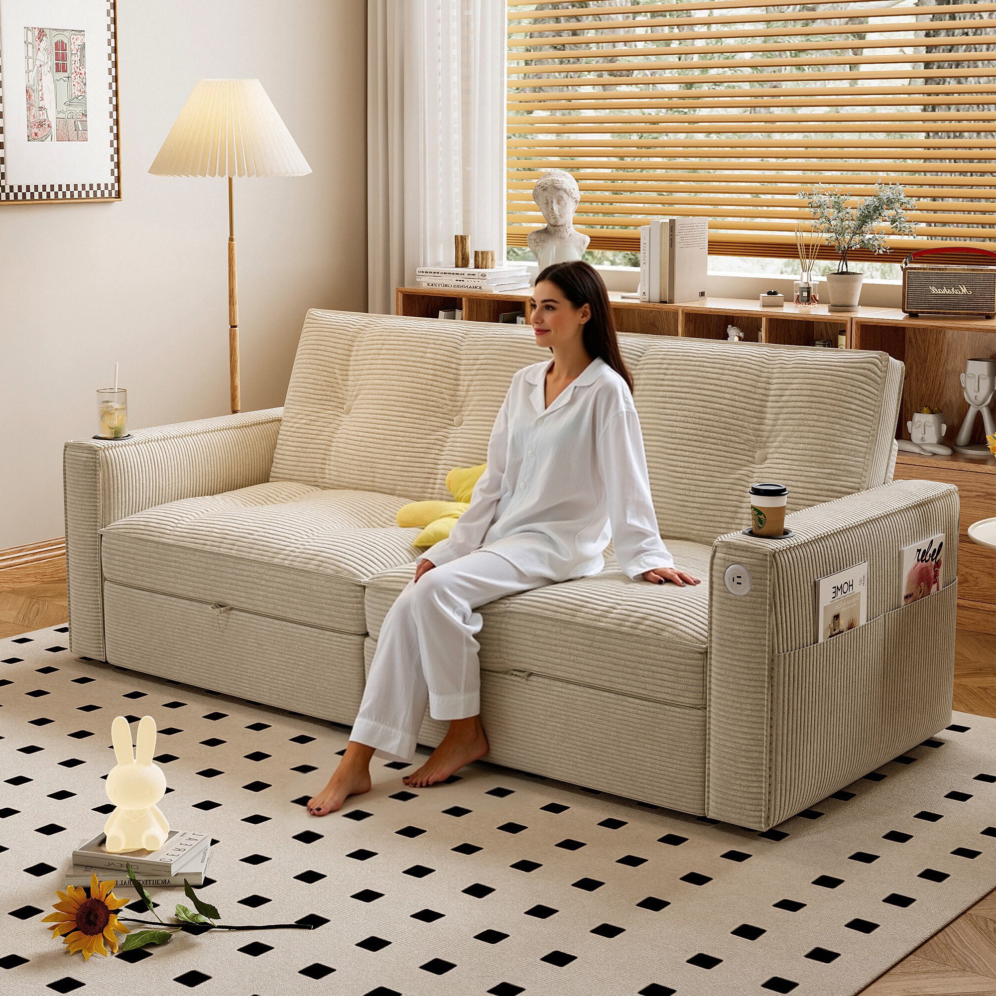 GDFStudio 73 Inch Convertible Sofa Bed 2 in 1 Corduroy Fabric White Multi Functional Loveseat for Small Spaces