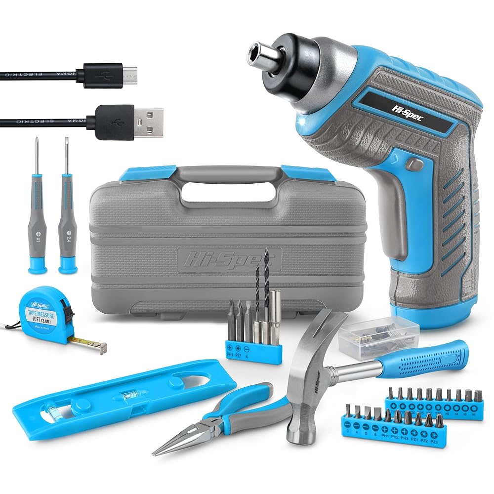 Hi-Spec  35-Piece Blue Tool Kit with 3.6V USB Electric Screwdriver and Drill Set Complete General Tool Set