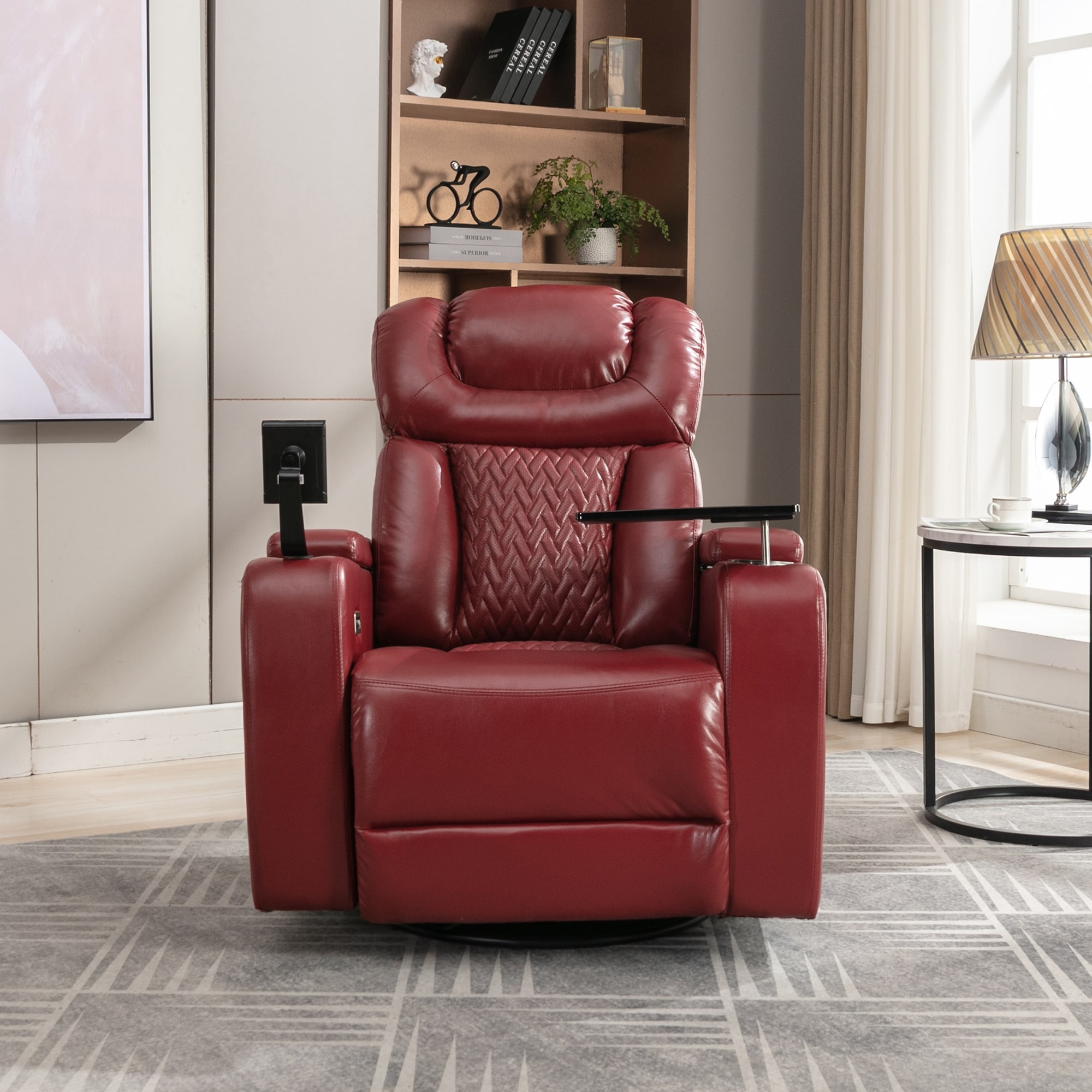ModernLuxe N719S001190J 270 Degree Swivel PU Leather Power Recliner Individual Seat Home Theater Recliner with Tray Table  Phone Holder Cup Holder  USB Port Hidden Arm Storage for Living RoomRed