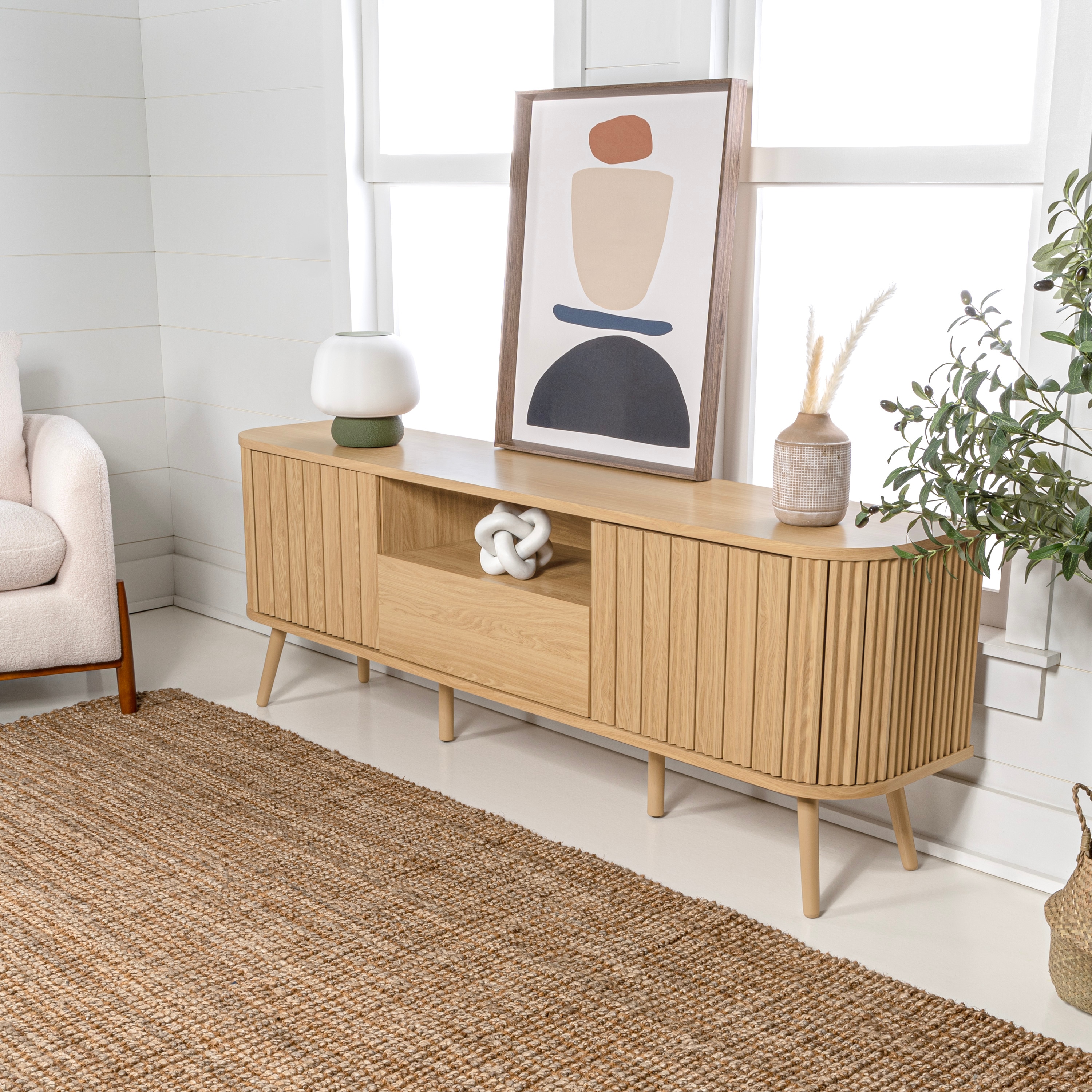 JONATHAN  Y TVS1001A Damien 70-in Curved with Drawer and Storage Doors Coastal Farmhouse/Rustic Oak TV stand ( Accommodates TVs more than 70-in )